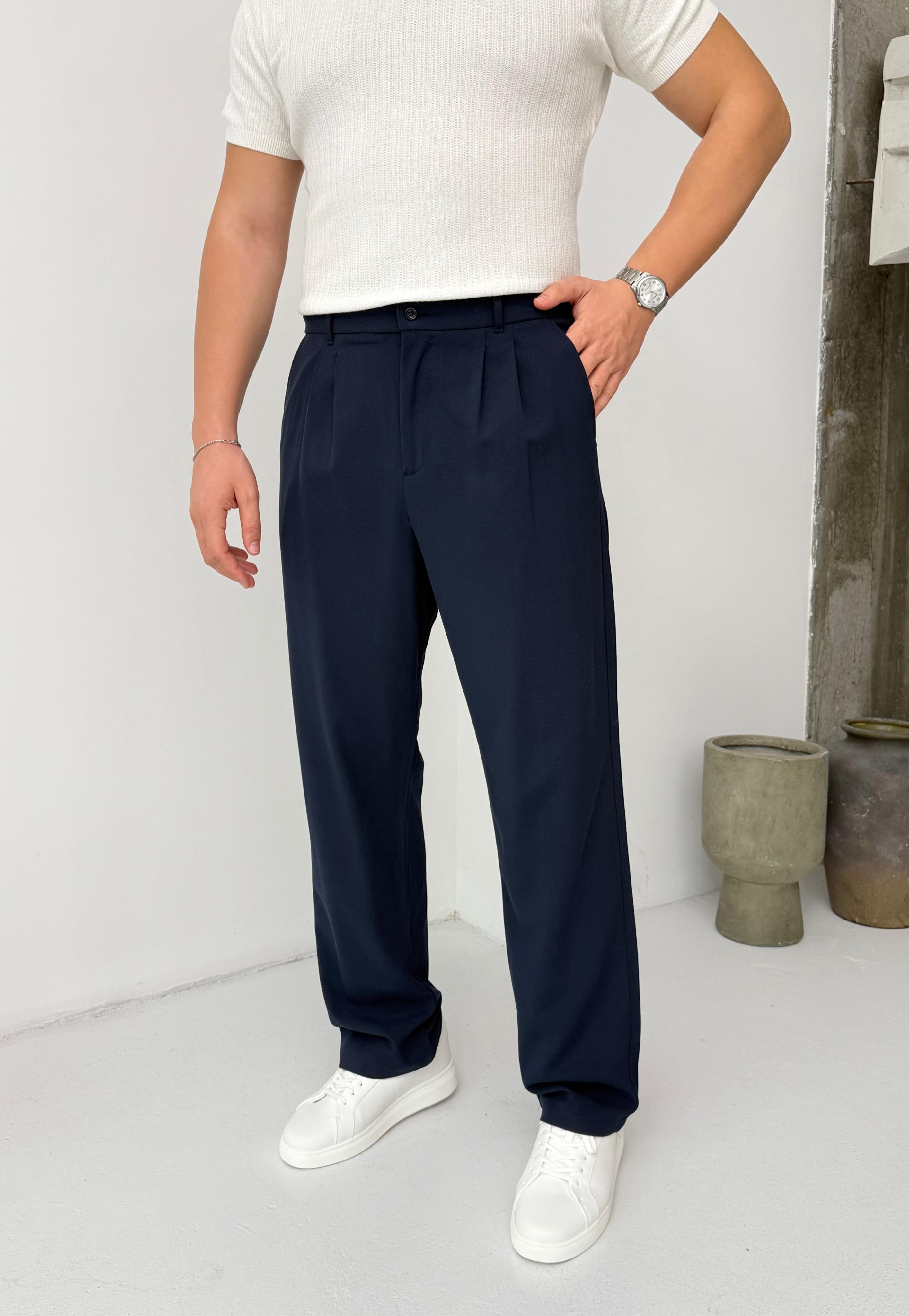 Pileli Lacivert Baggy Pantolon