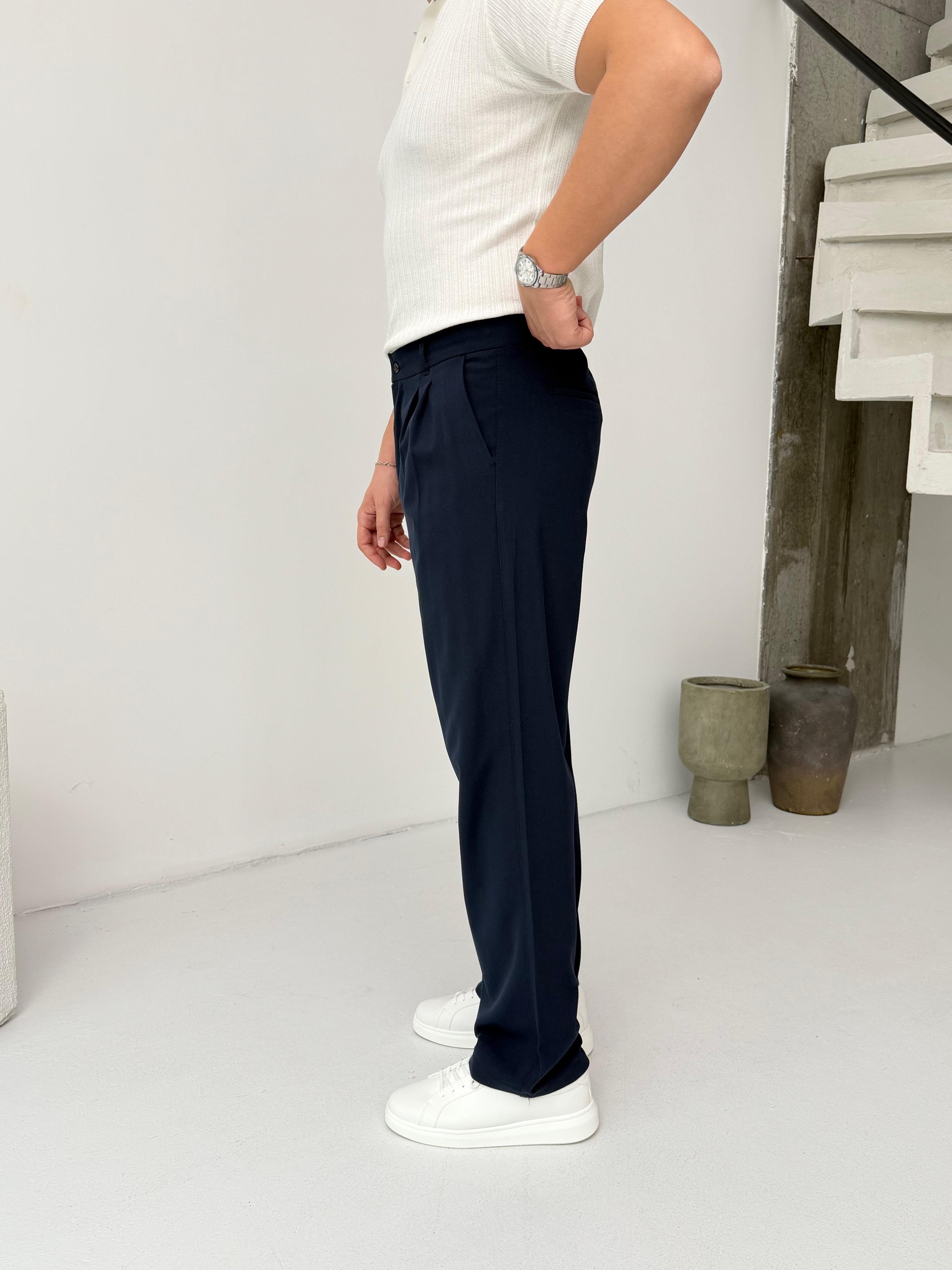 Pileli Lacivert Baggy Pantolon