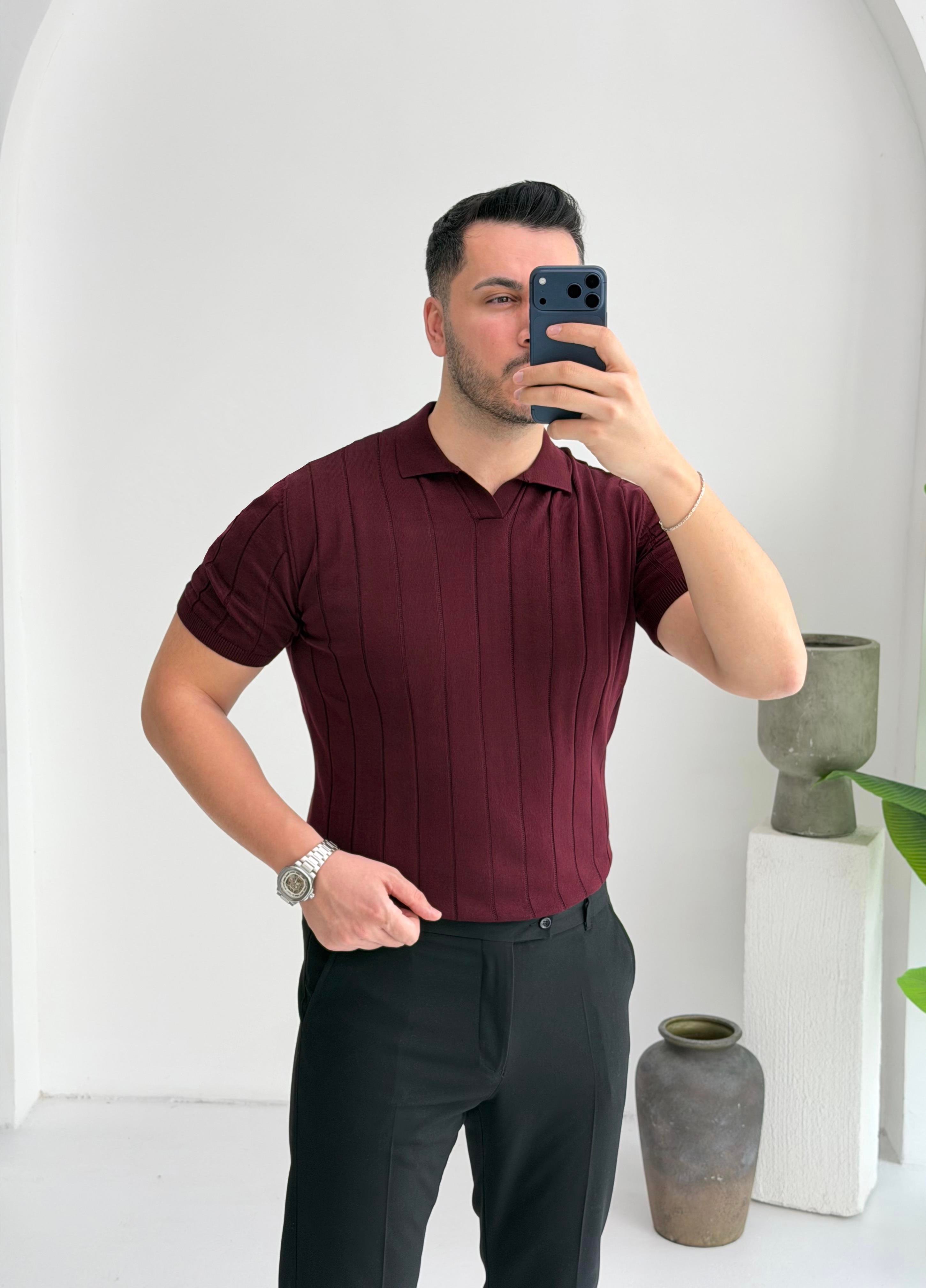 Polo Yaka Bordo Örme Tişört