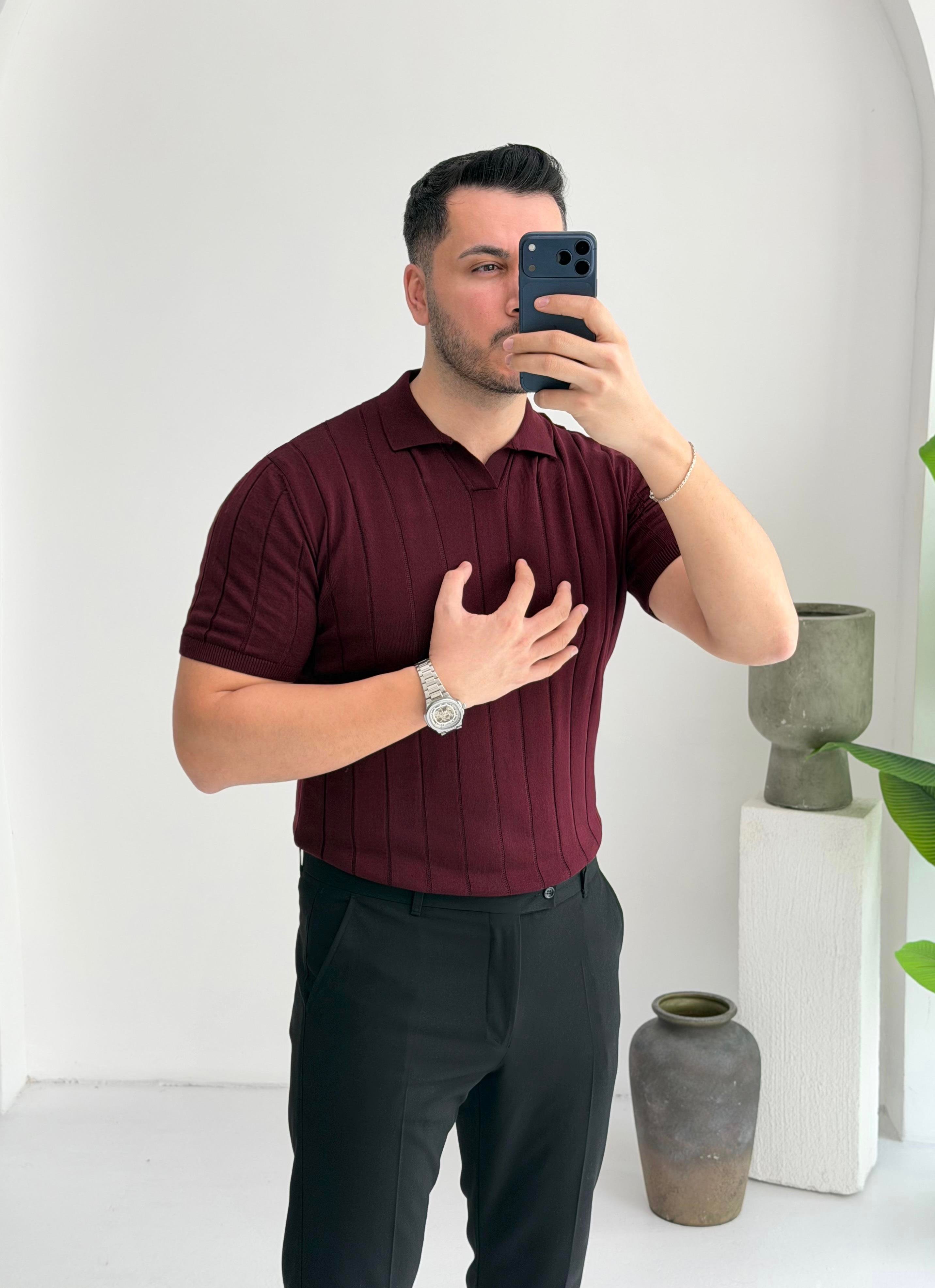 Polo Yaka Bordo Örme Tişört
