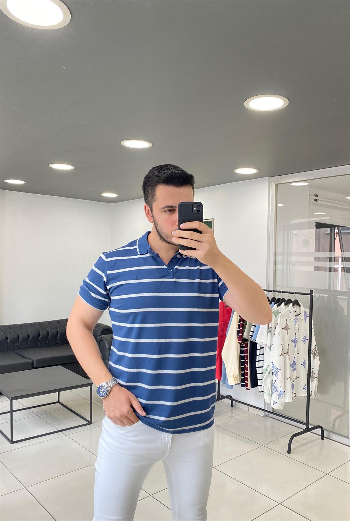 Polo Yaka İndigo Örme Tişört