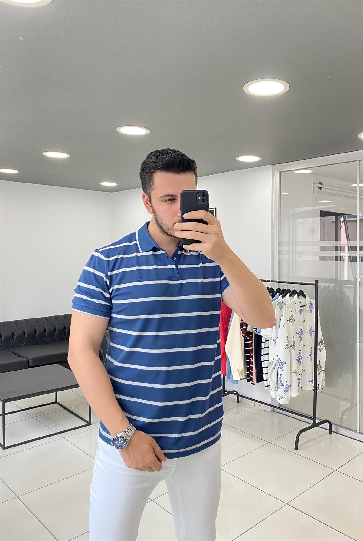 Polo Yaka İndigo Örme Tişört