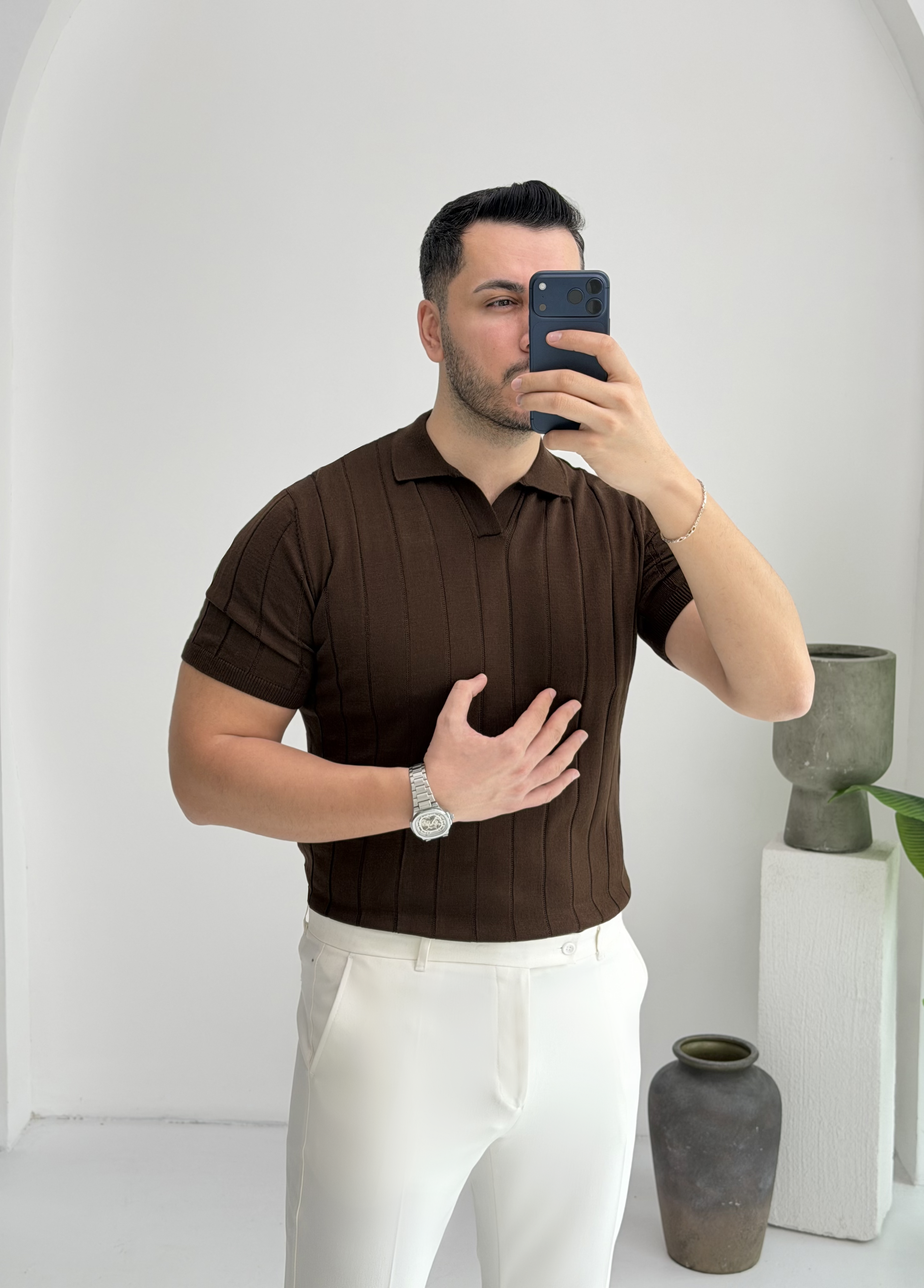 Polo Yaka Kahve Örme Tişört