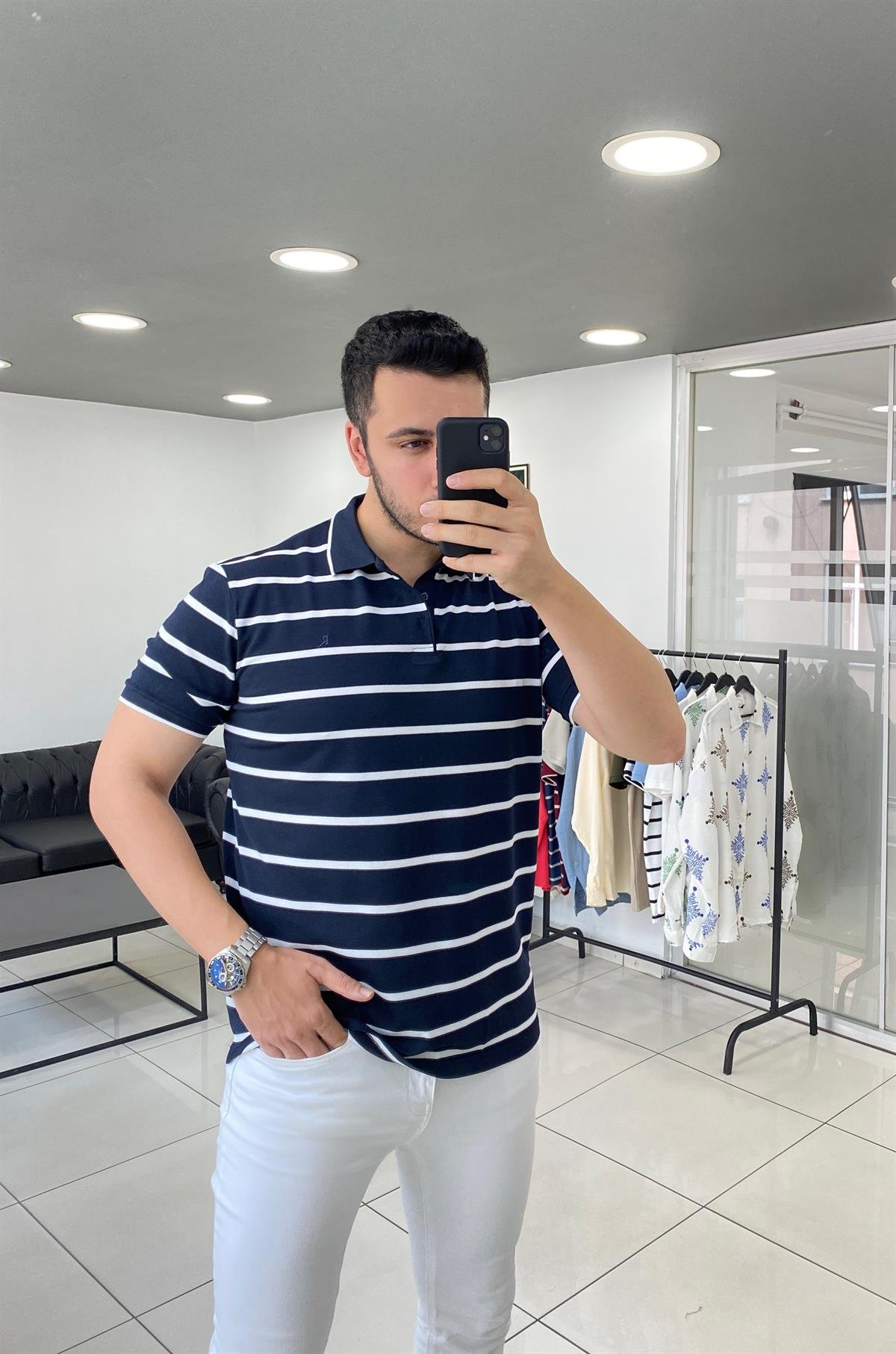 Polo Yaka Lacivert Çizgili Örme Tişört