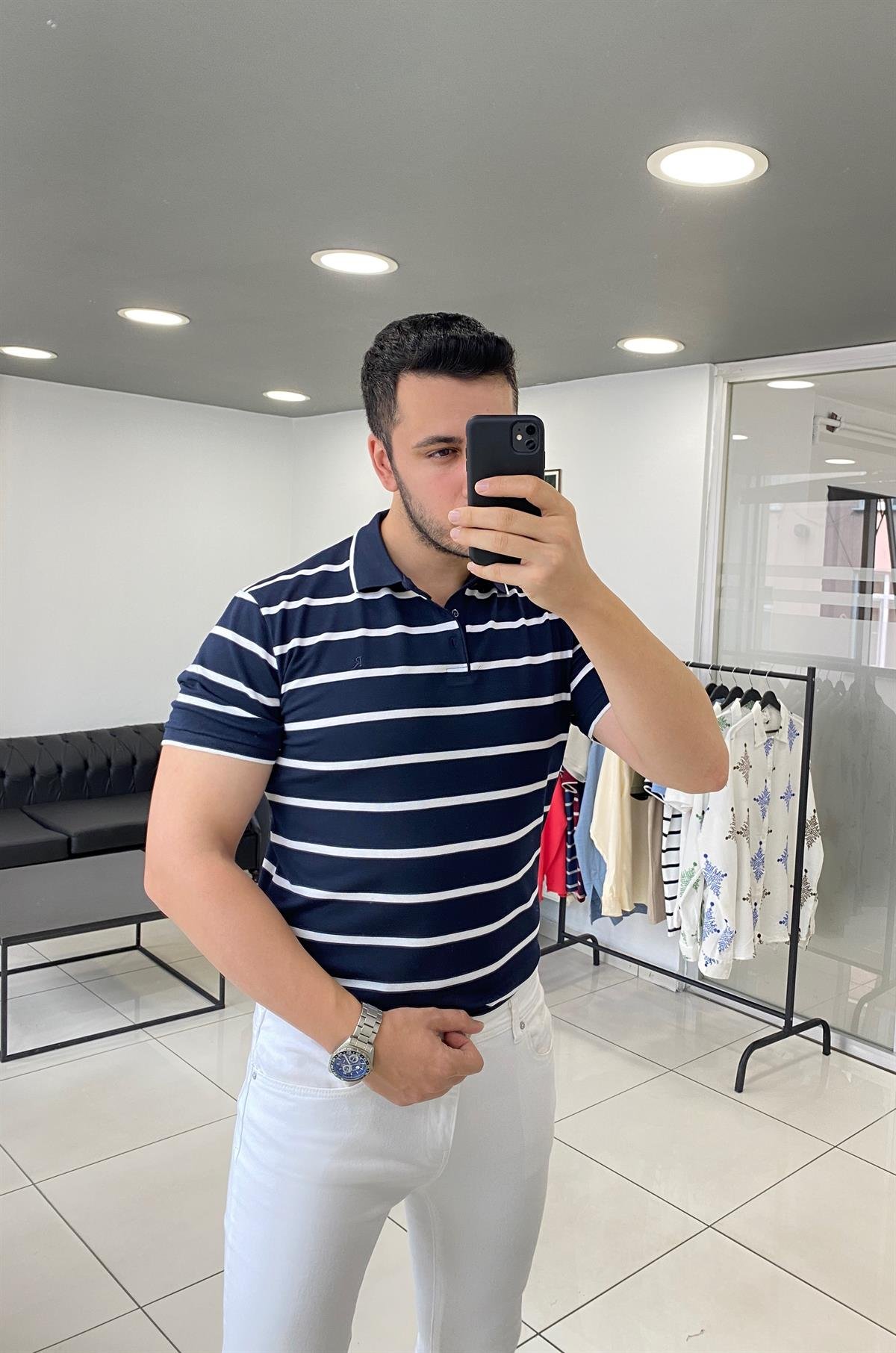 Polo Yaka Lacivert Çizgili Örme Tişört