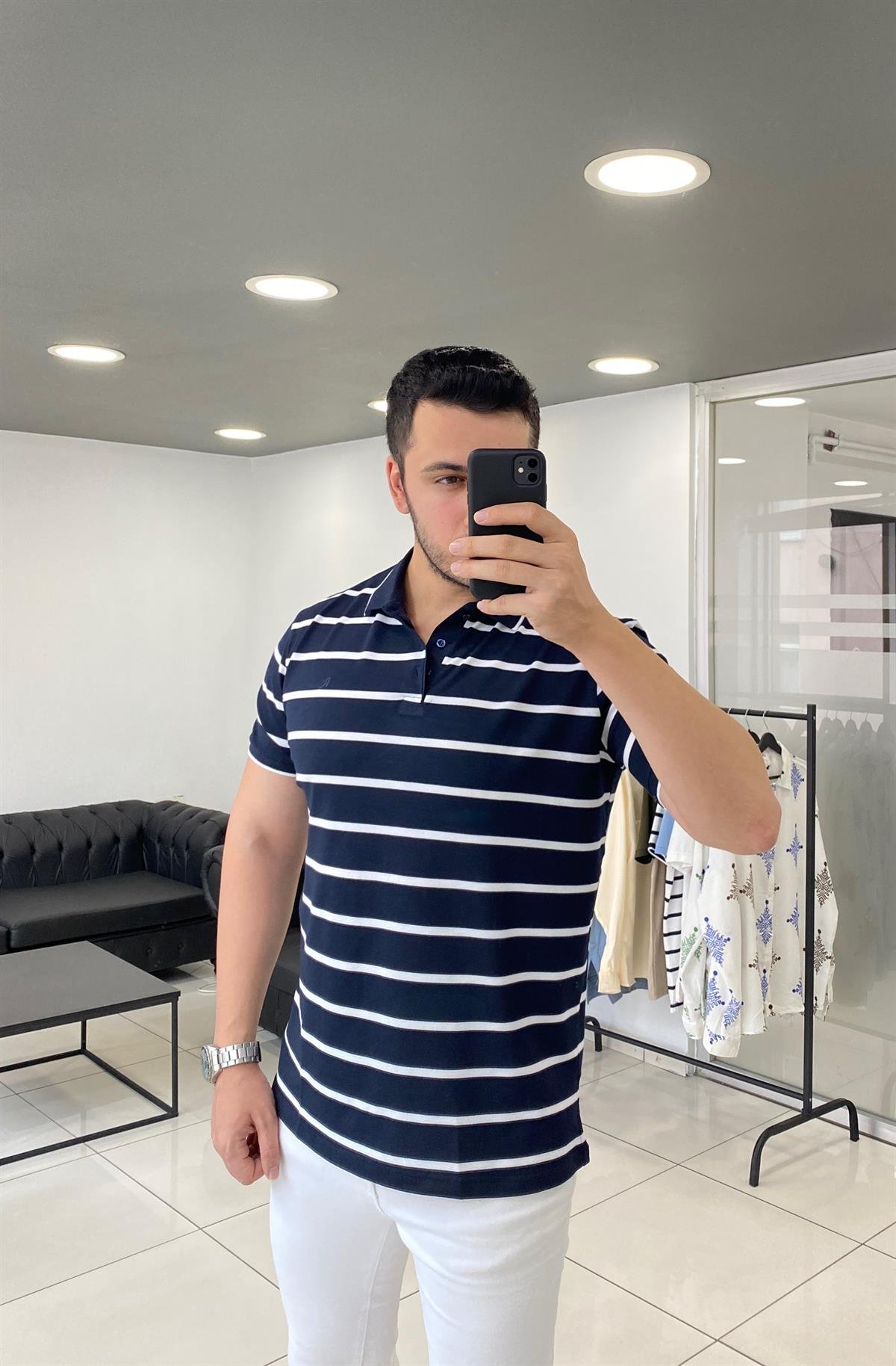 Polo Yaka Lacivert Çizgili Örme Tişört