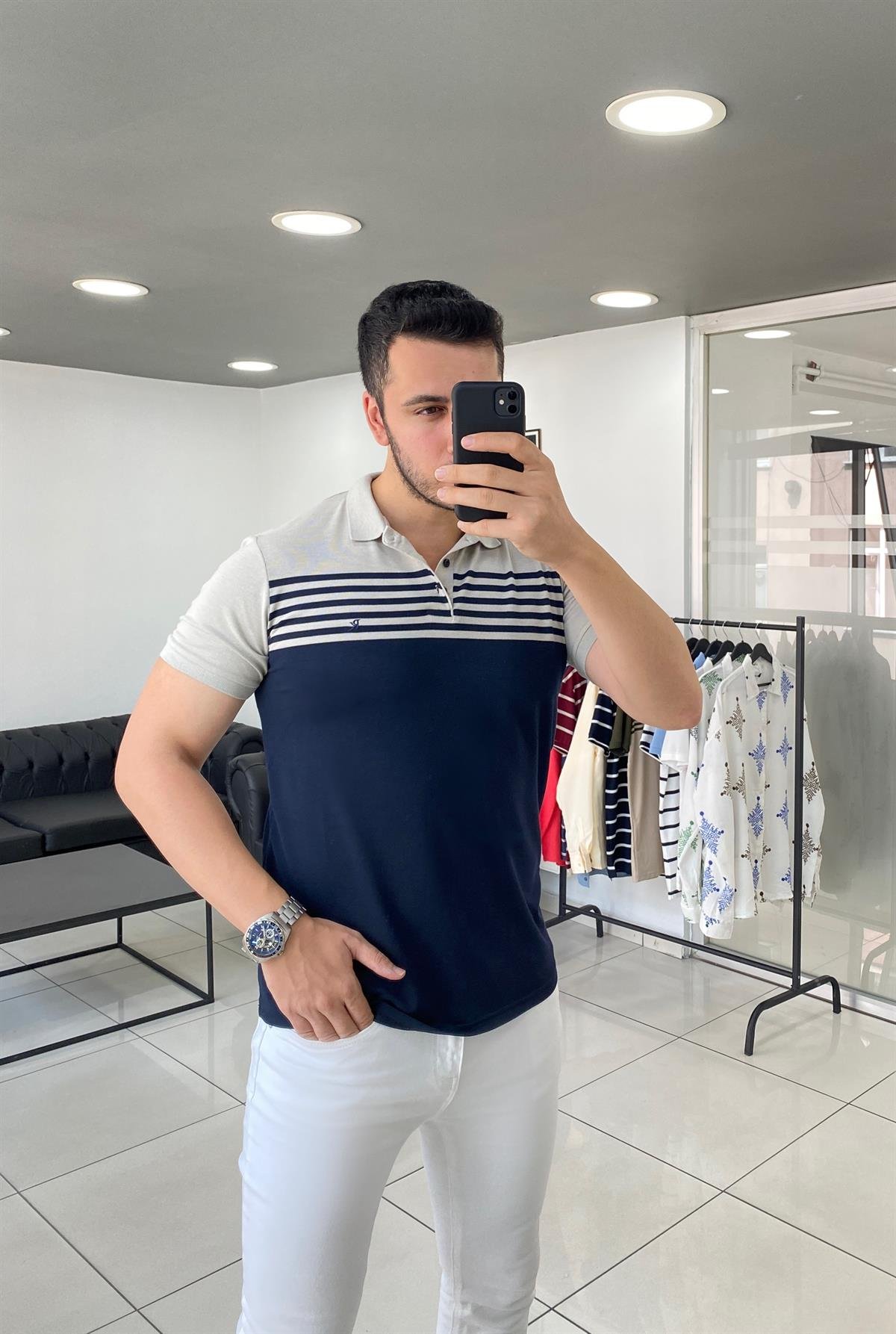 Polo Yaka Lacivert Gri Desenli Örme Tişört 