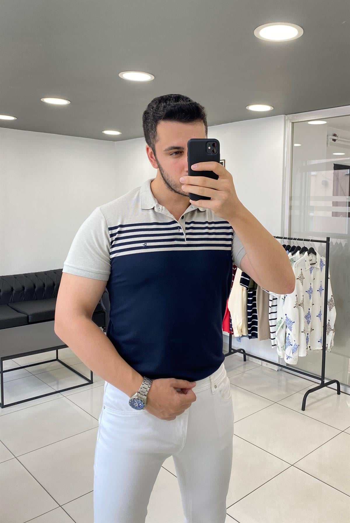 Polo Yaka Lacivert Gri Desenli Örme Tişört 