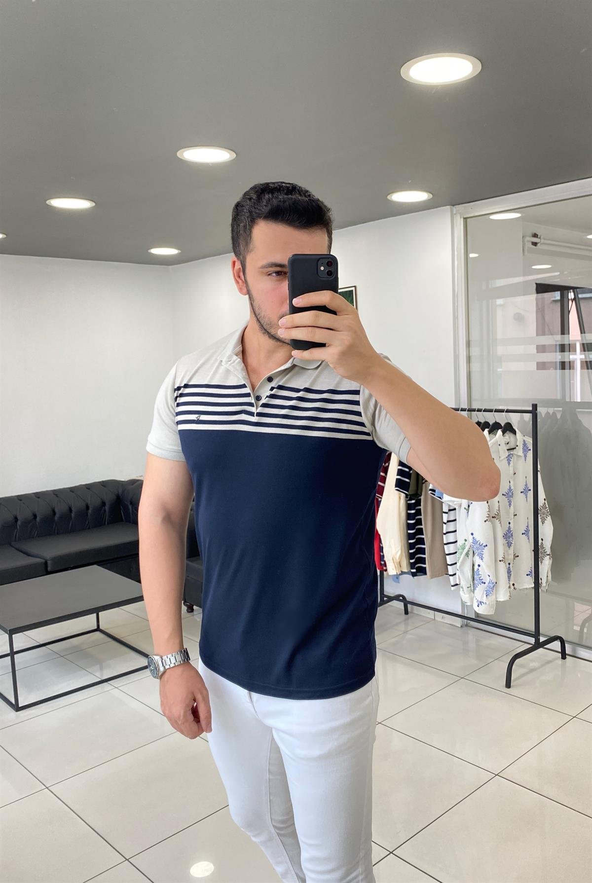 Polo Yaka Lacivert Gri Desenli Örme Tişört 