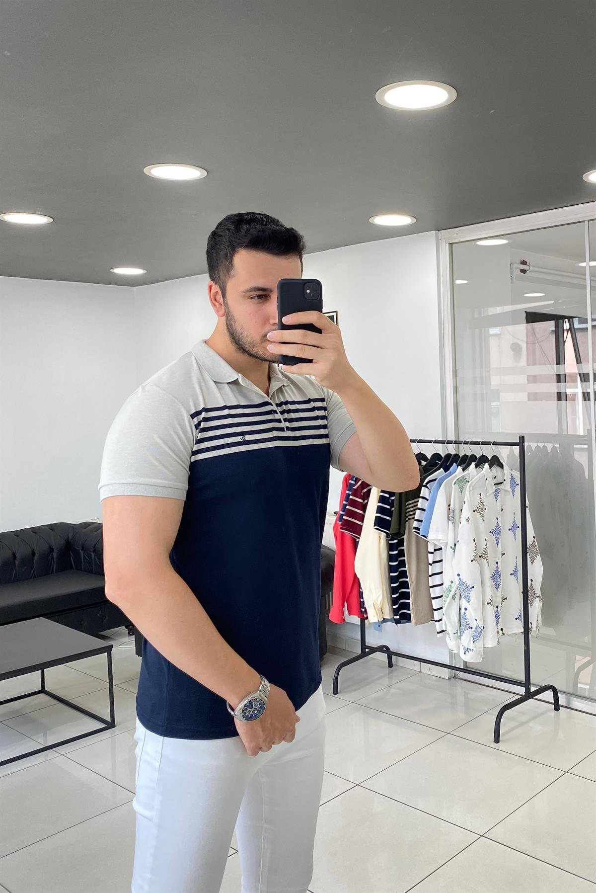 Polo Yaka Lacivert Gri Desenli Örme Tişört 