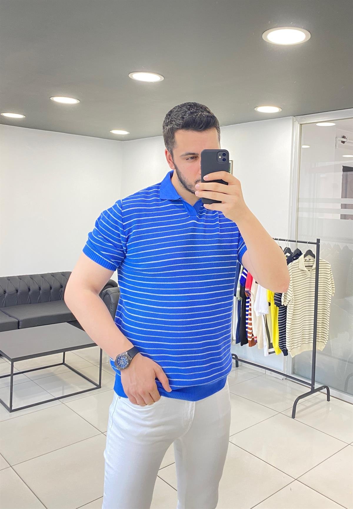 Polo Yaka Mavi Çizgili Örme Tişört 