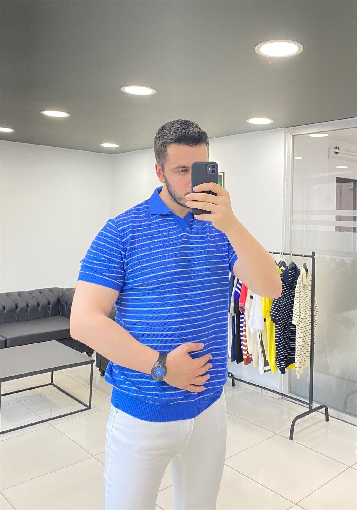 Polo Yaka Mavi Çizgili Örme Tişört 