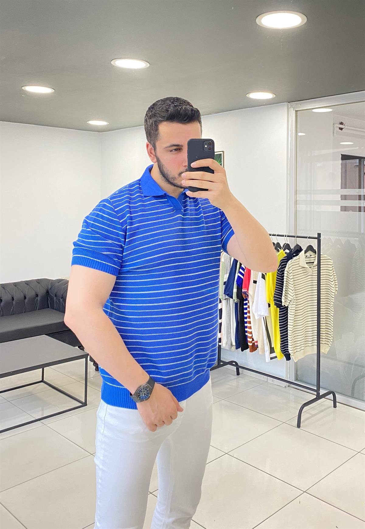 Polo Yaka Mavi Çizgili Örme Tişört 