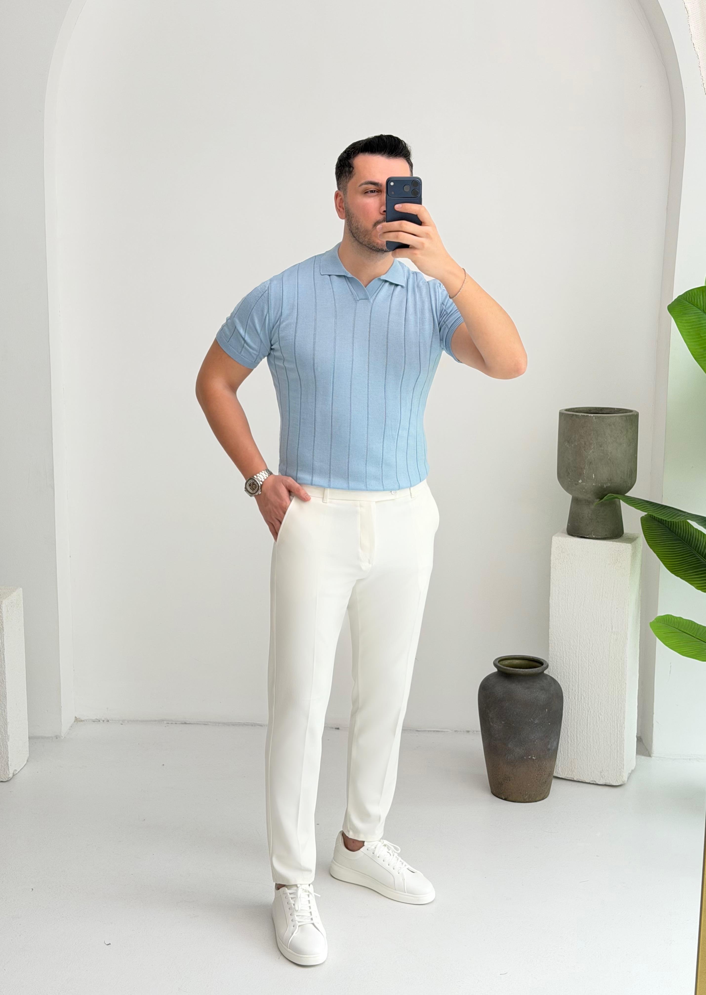 Polo Yaka Mavi Örme Tişört