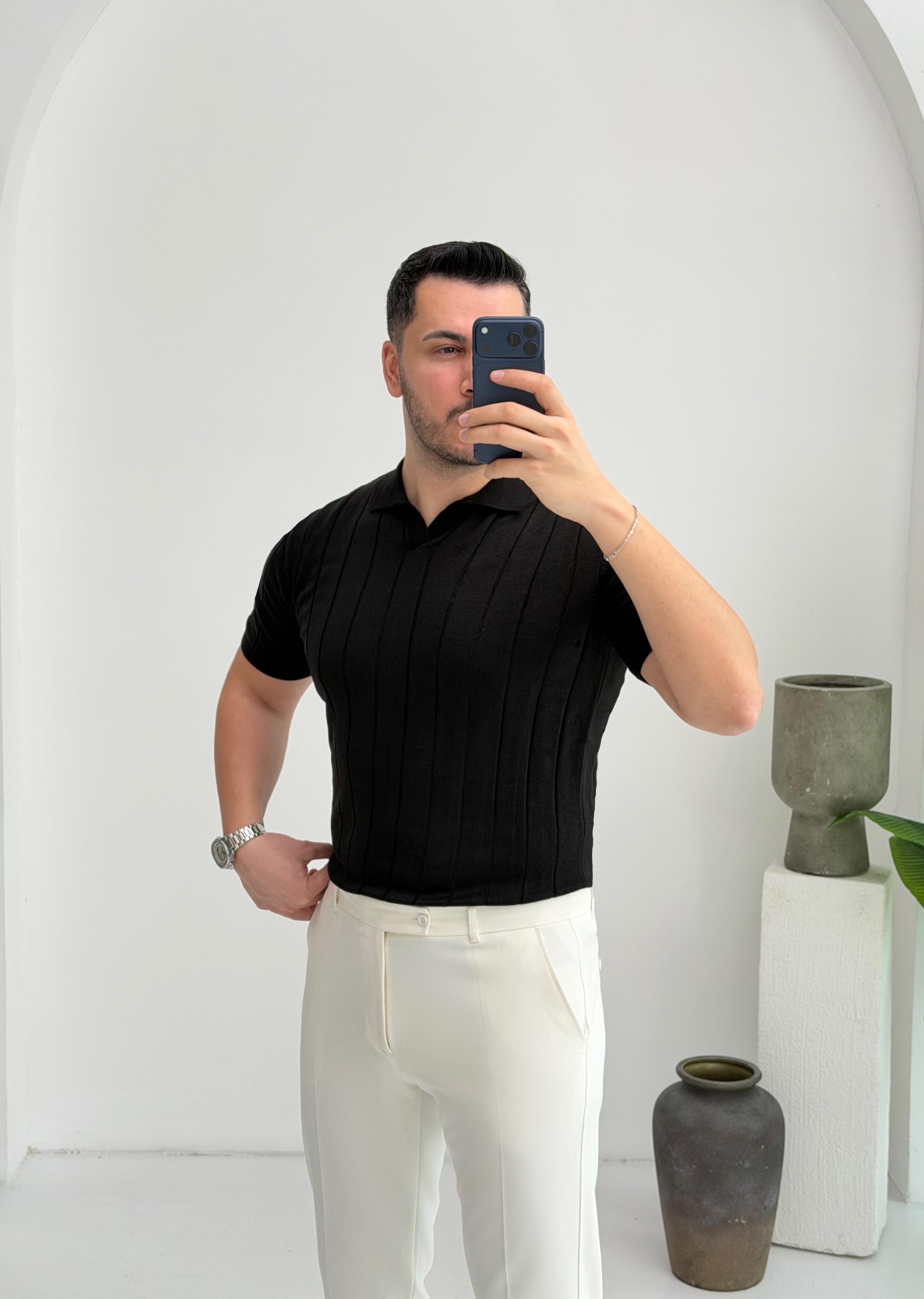 Polo Yaka Siyah Örme Tişört