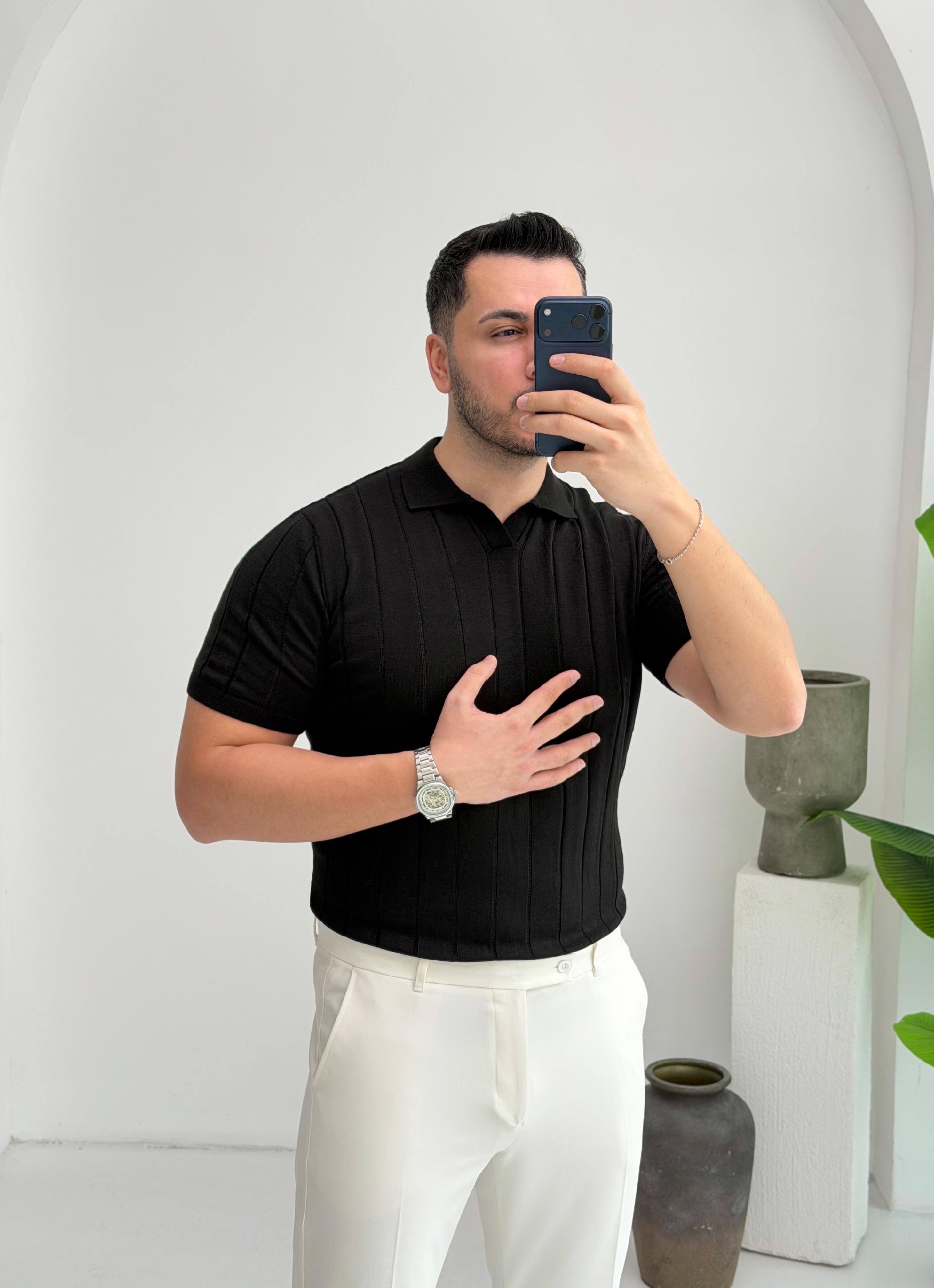 Polo Yaka Siyah Örme Tişört