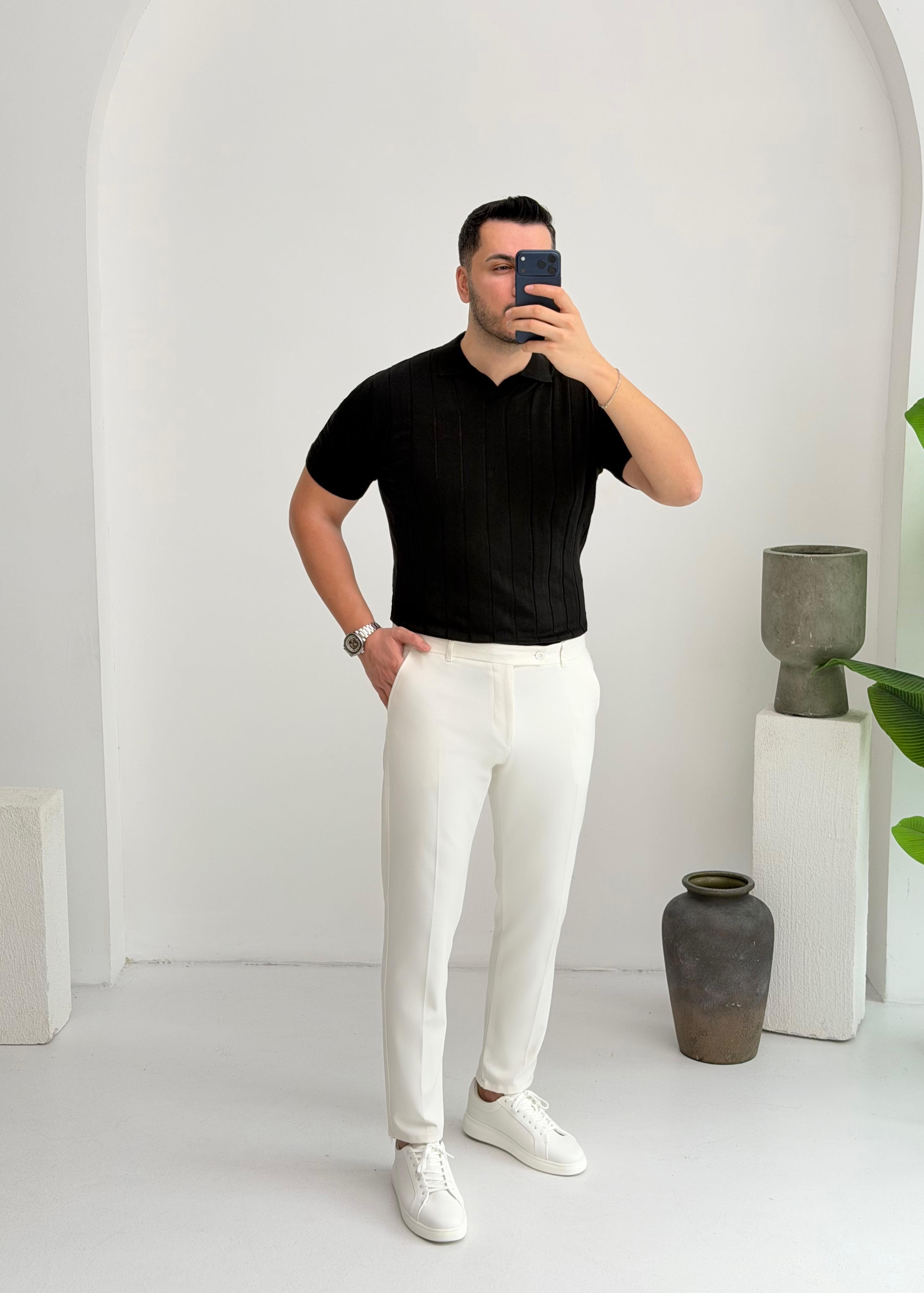 Polo Yaka Siyah Örme Tişört