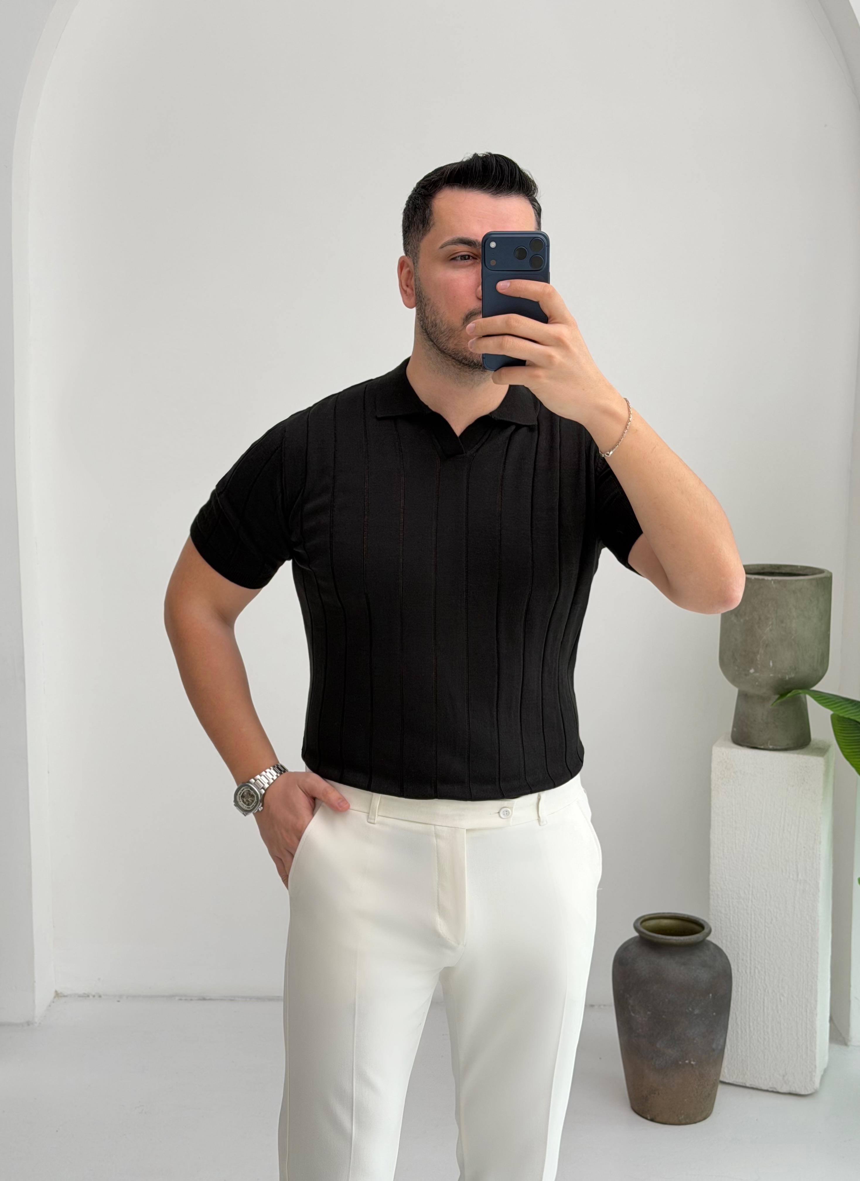 Polo Yaka Siyah Örme Tişört