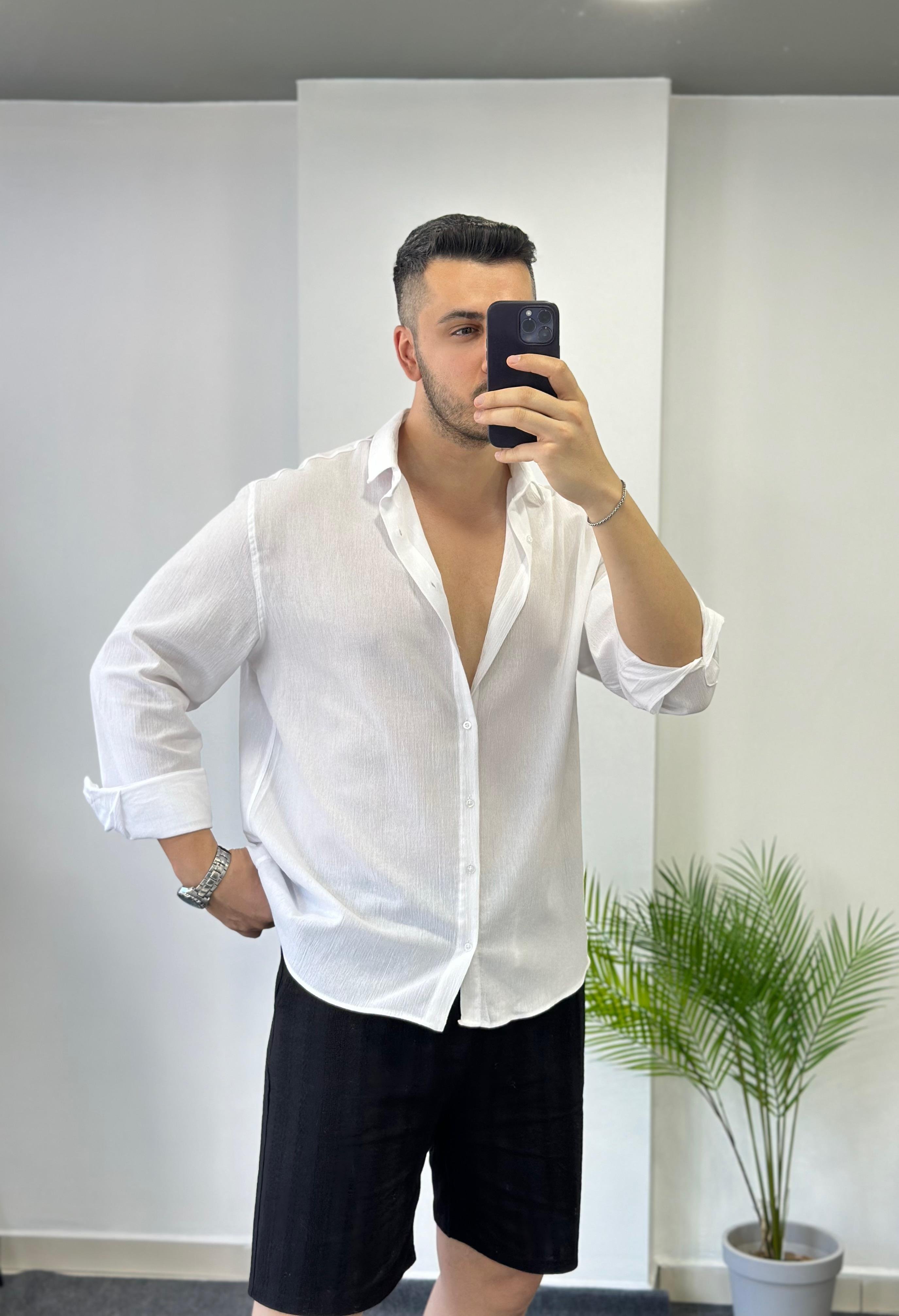 Premium Beyaz Oversize Keten Gömlek 
