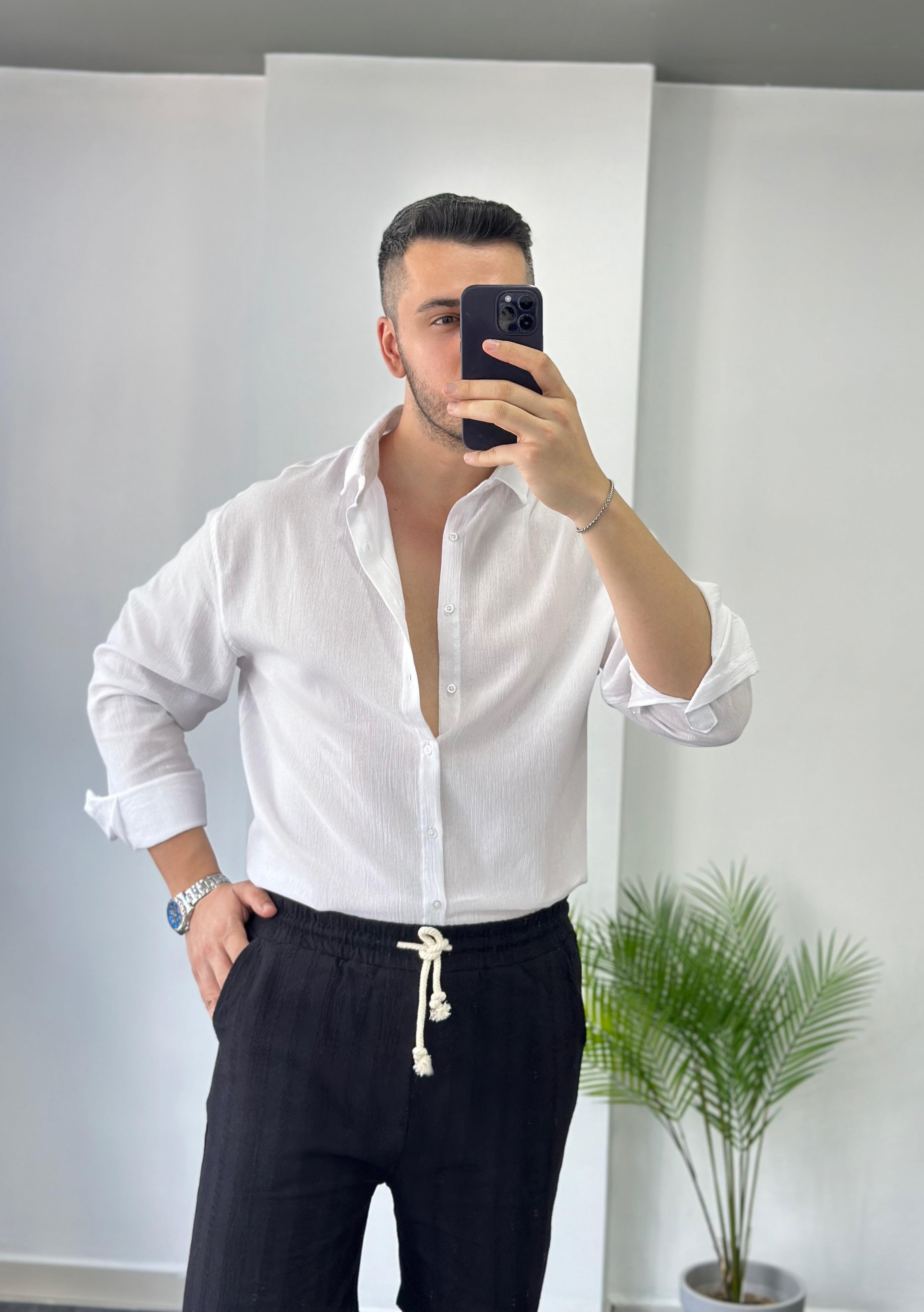 Premium Beyaz Oversize Keten Gömlek 