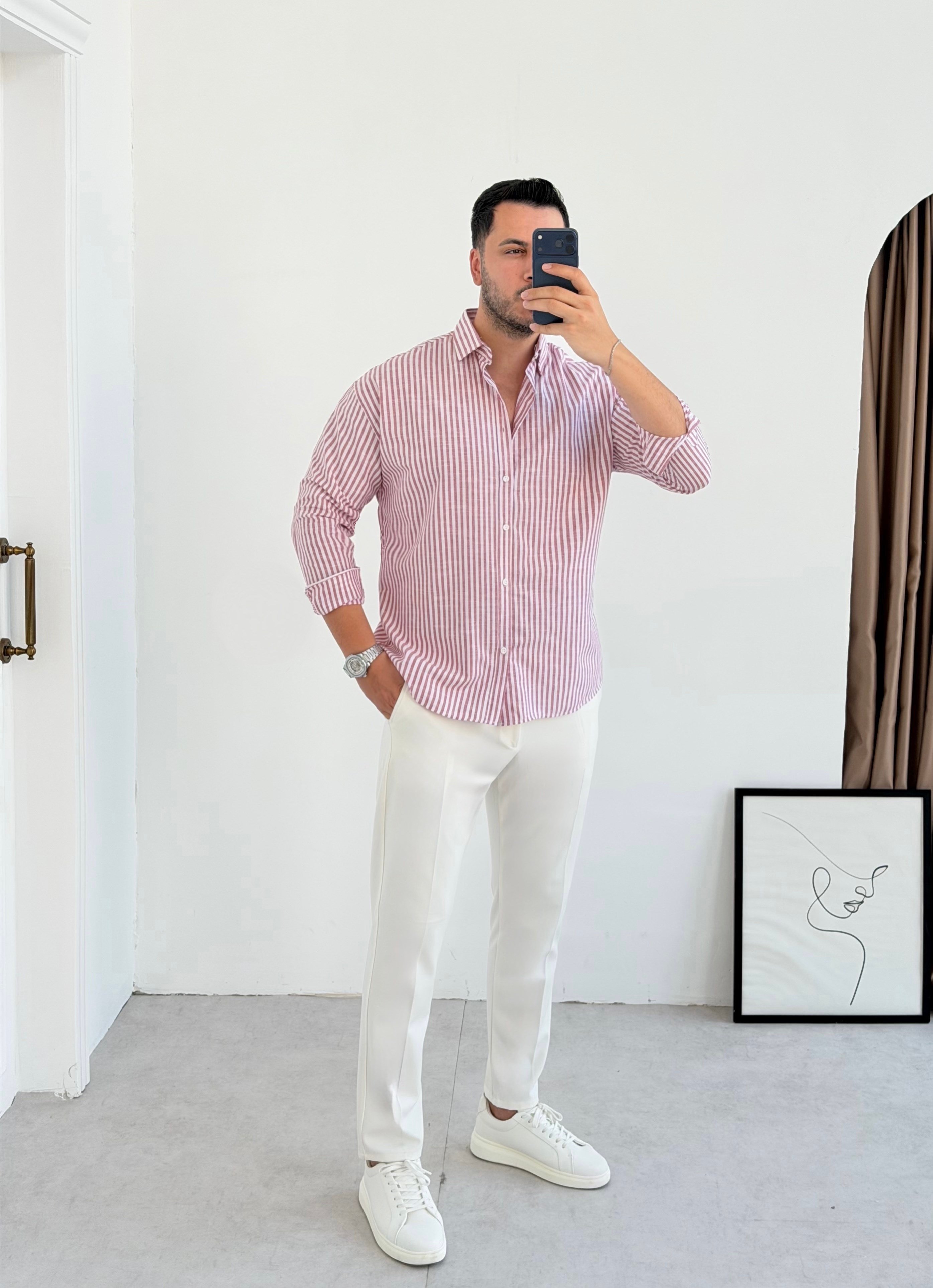 Premium Bordo Çizgili Keten Gömlek