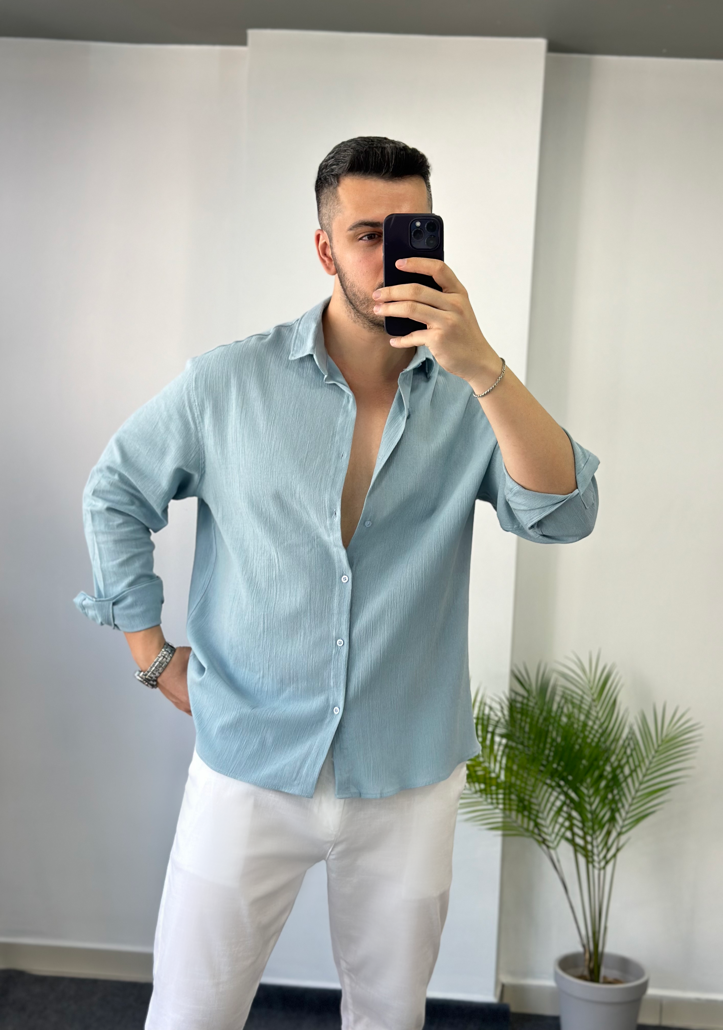 Premium Buz Mavisi Oversize Keten Gömlek