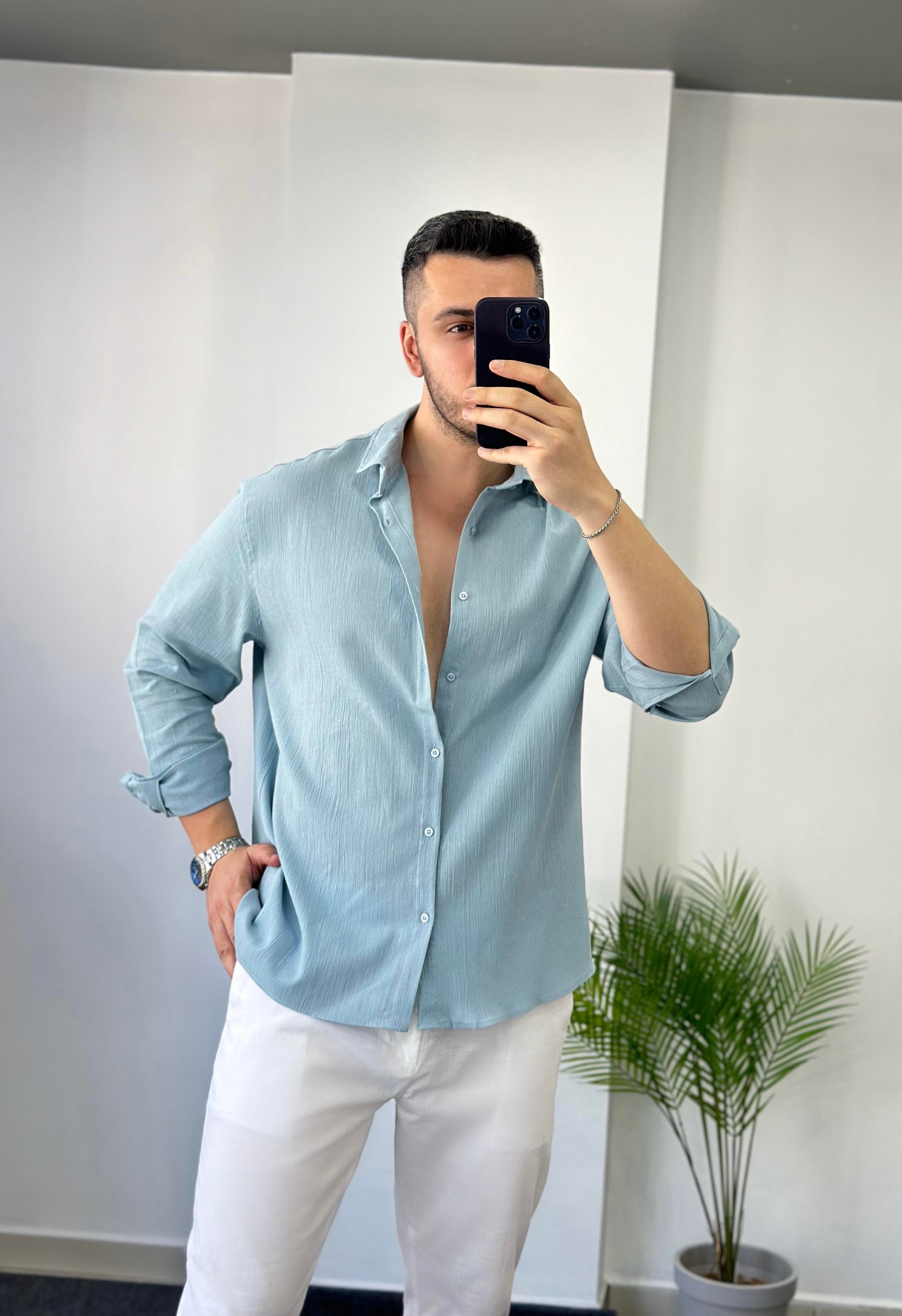 Premium Buz Mavisi Oversize Keten Gömlek