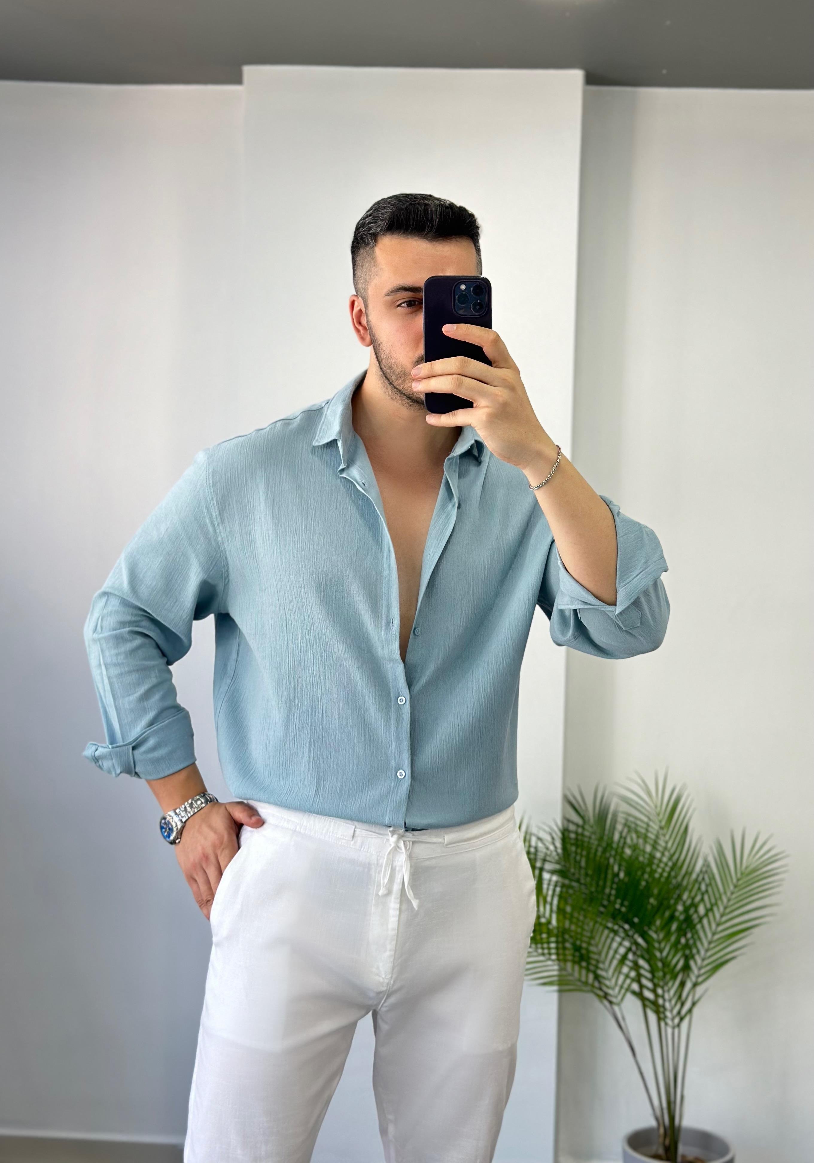 Premium Buz Mavisi Oversize Keten Gömlek