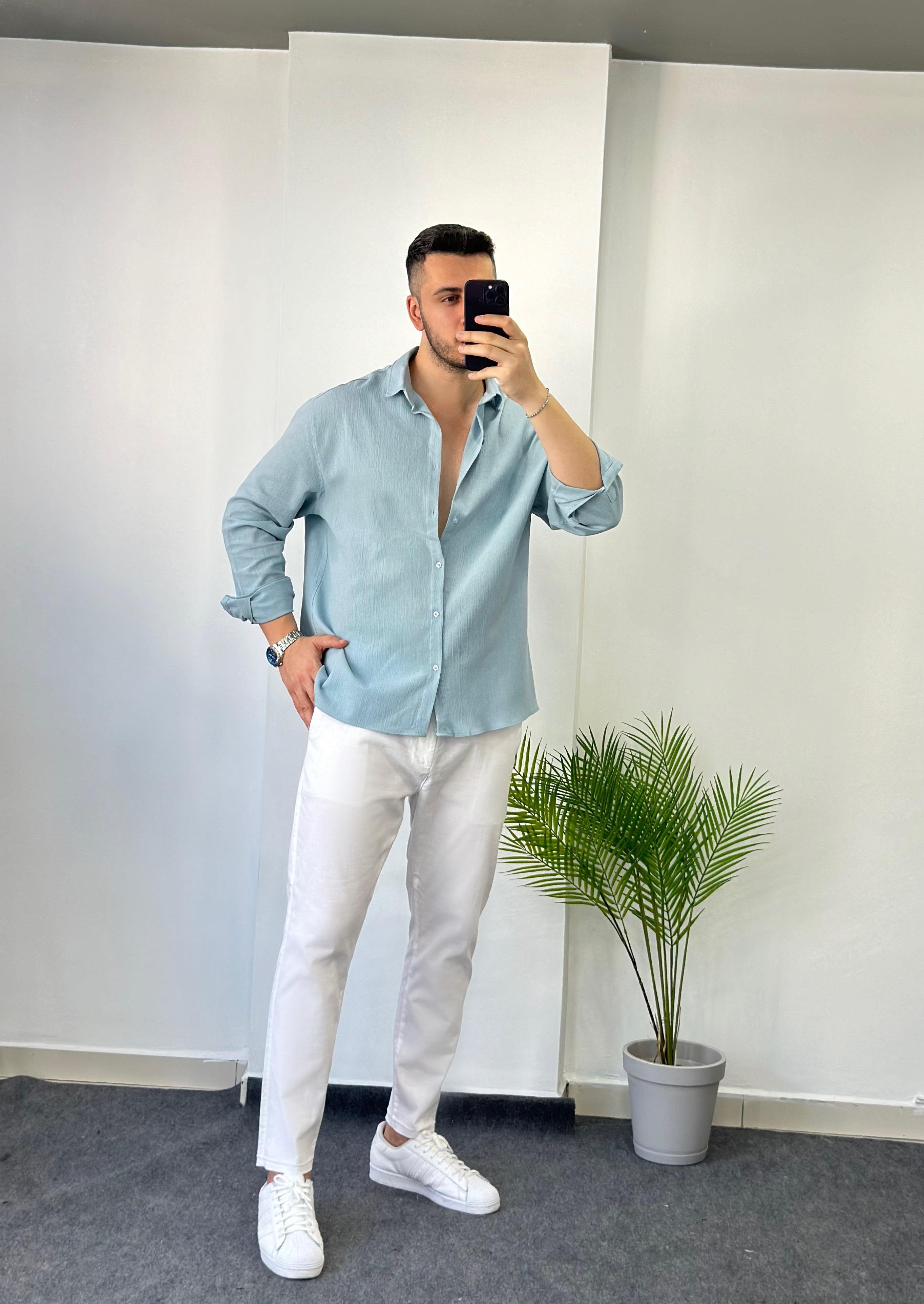 Premium Buz Mavisi Oversize Keten Gömlek