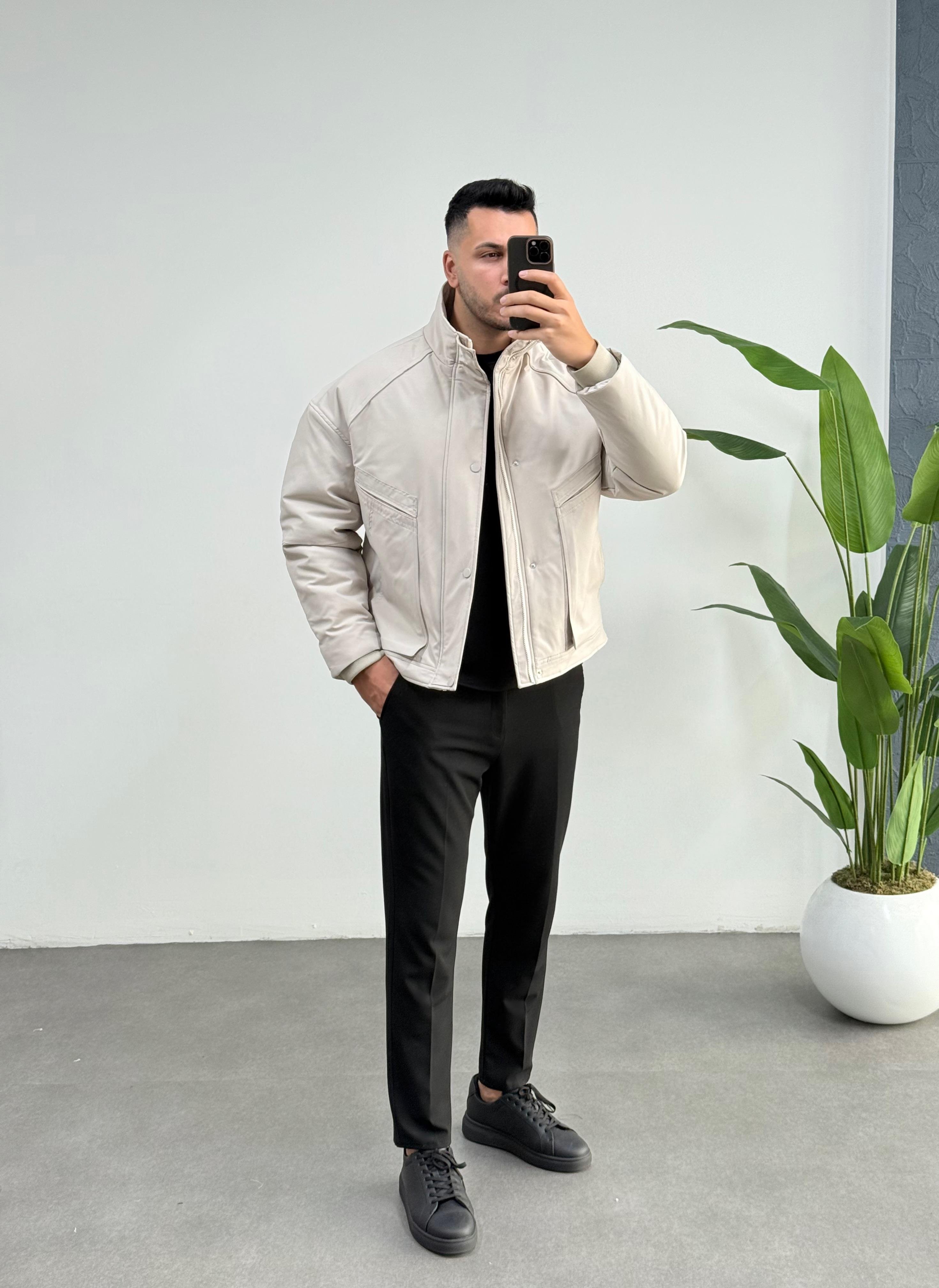 Premium İçi Kapitoneli Oversize Taş Rengi Mont