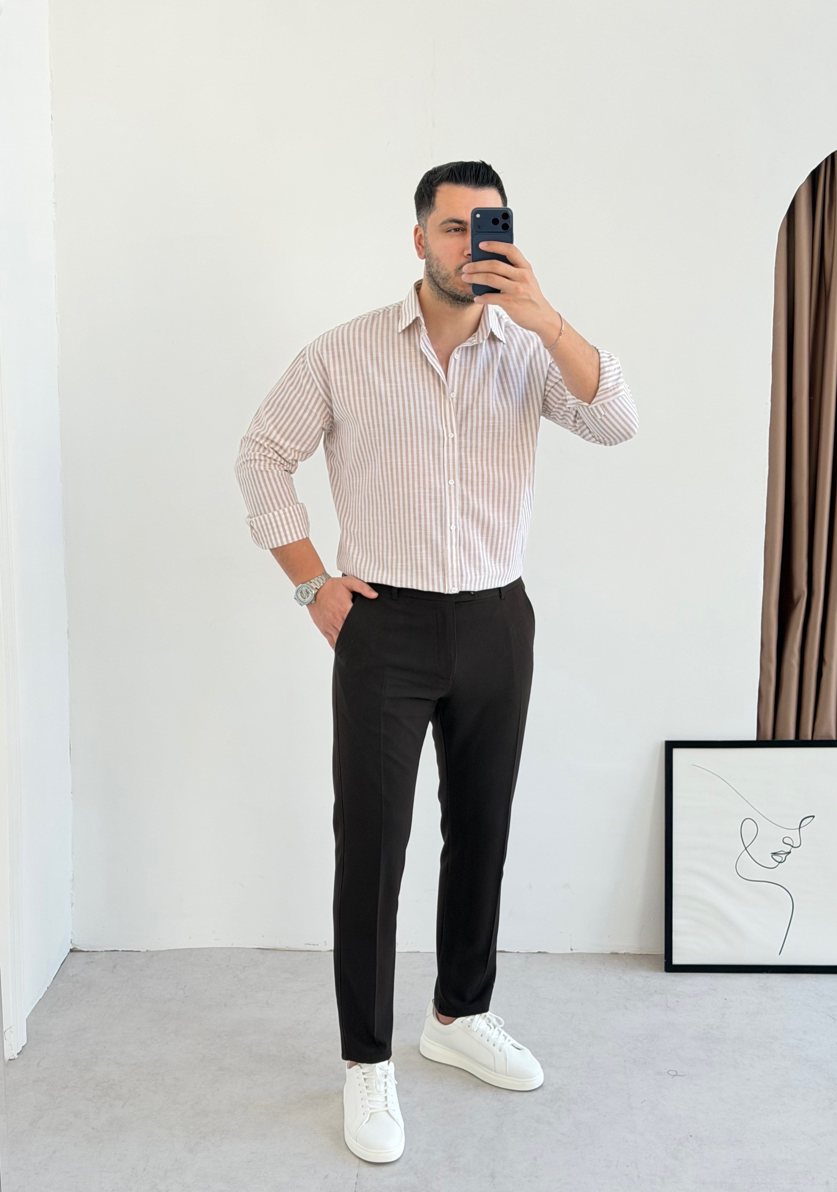 Premium Kahve Çizgili Keten Gömlek