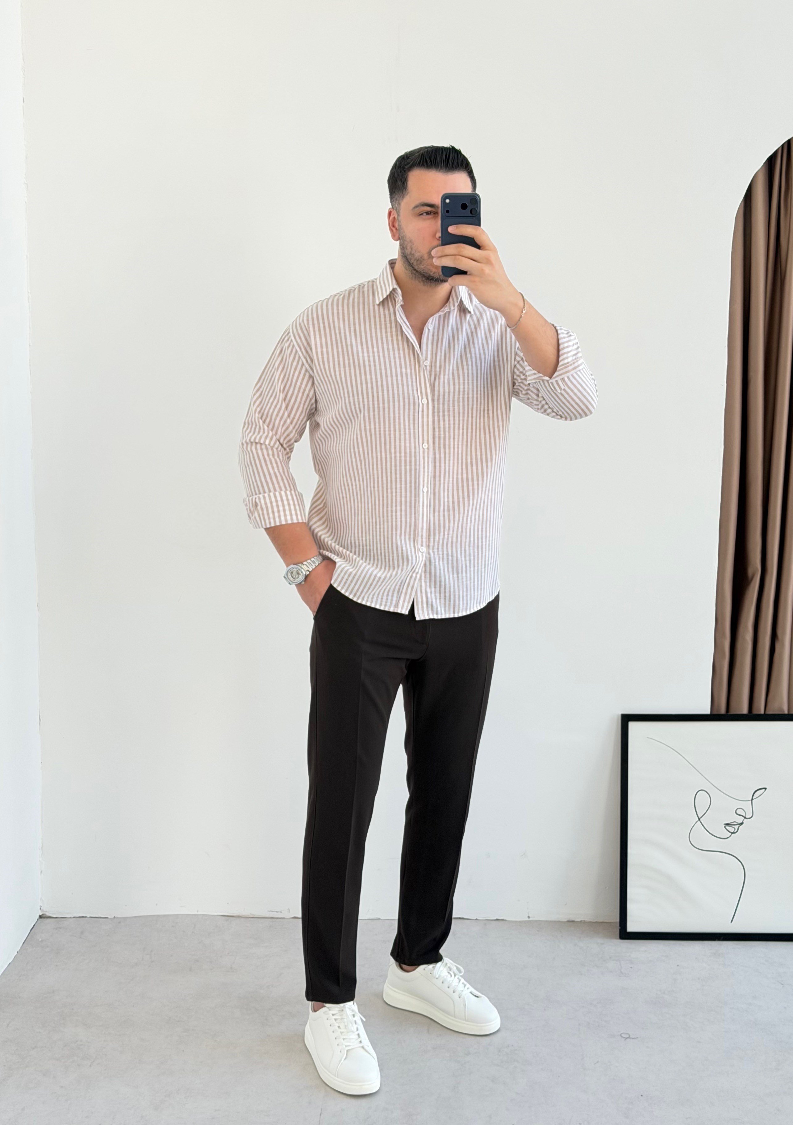 Premium Kahve Çizgili Keten Gömlek