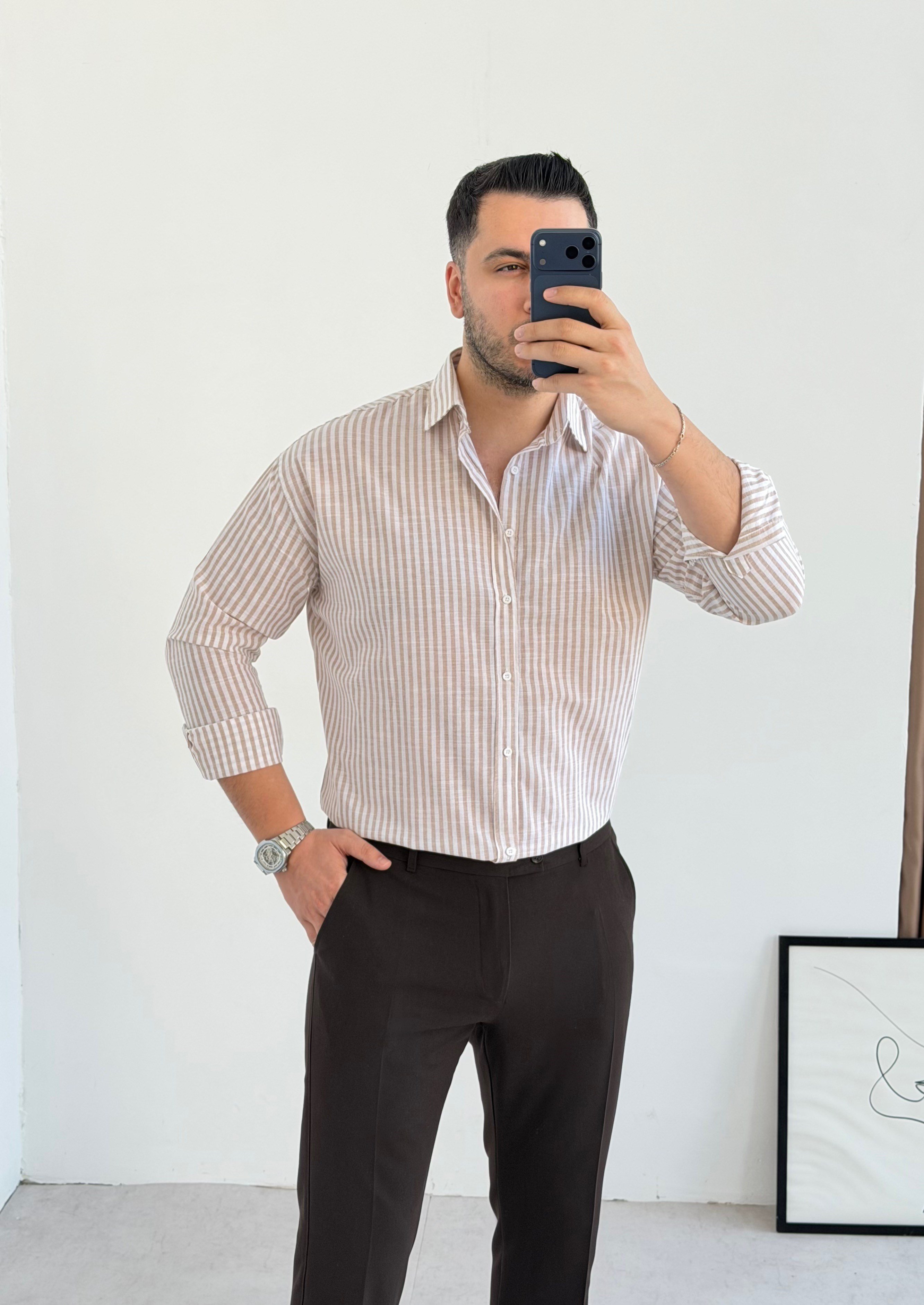 Premium Kahve Çizgili Keten Gömlek
