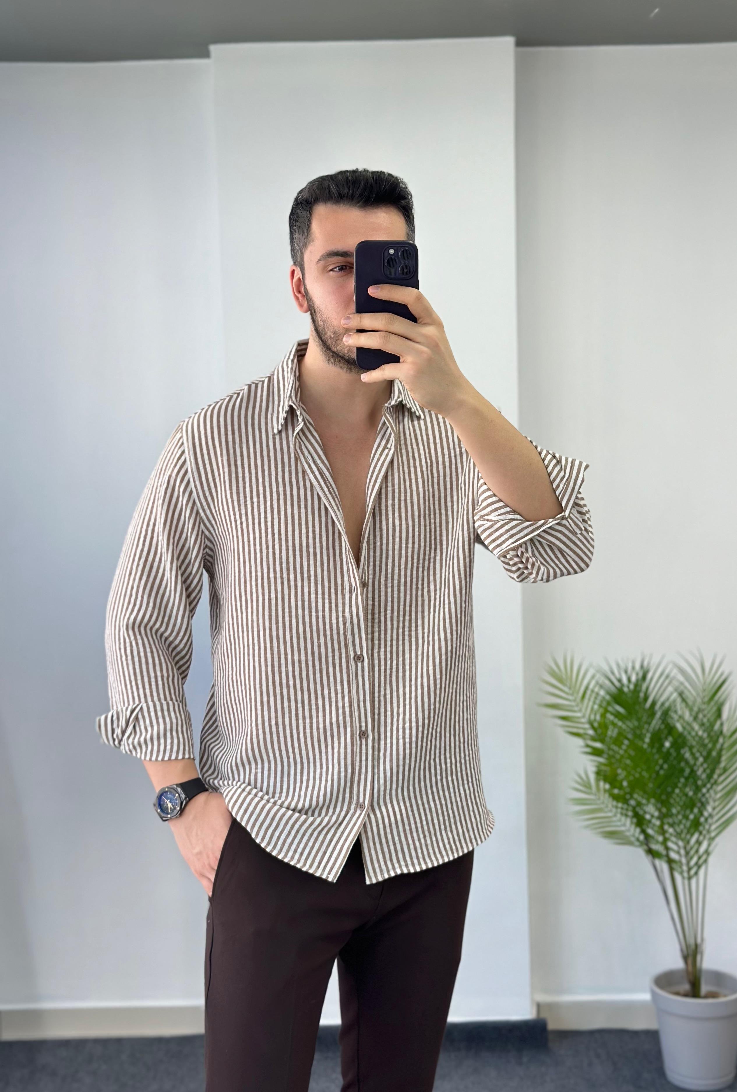 Premium Kahve Çizgili Oversize Keten Gömlek
