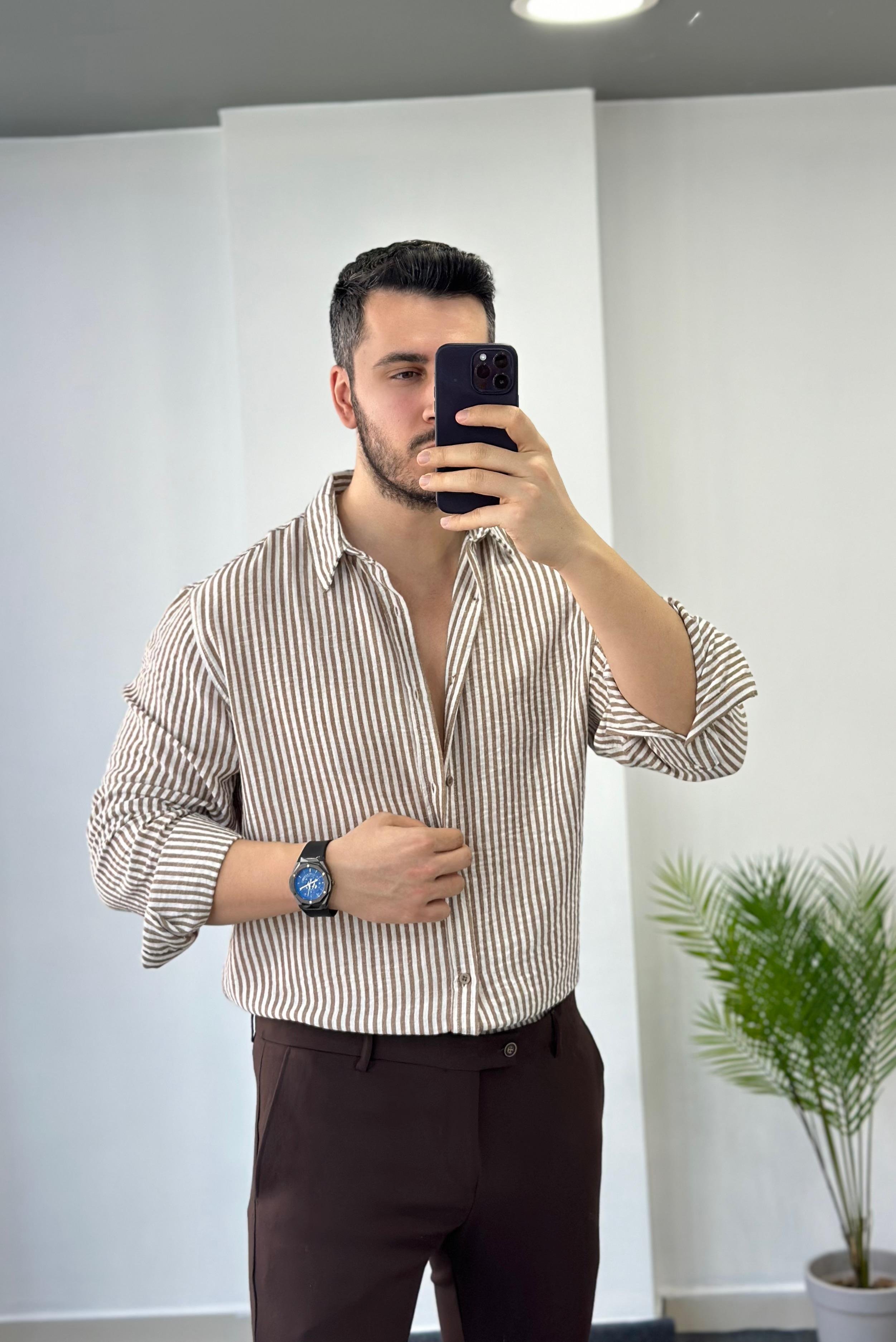 Premium Kahve Çizgili Oversize Keten Gömlek