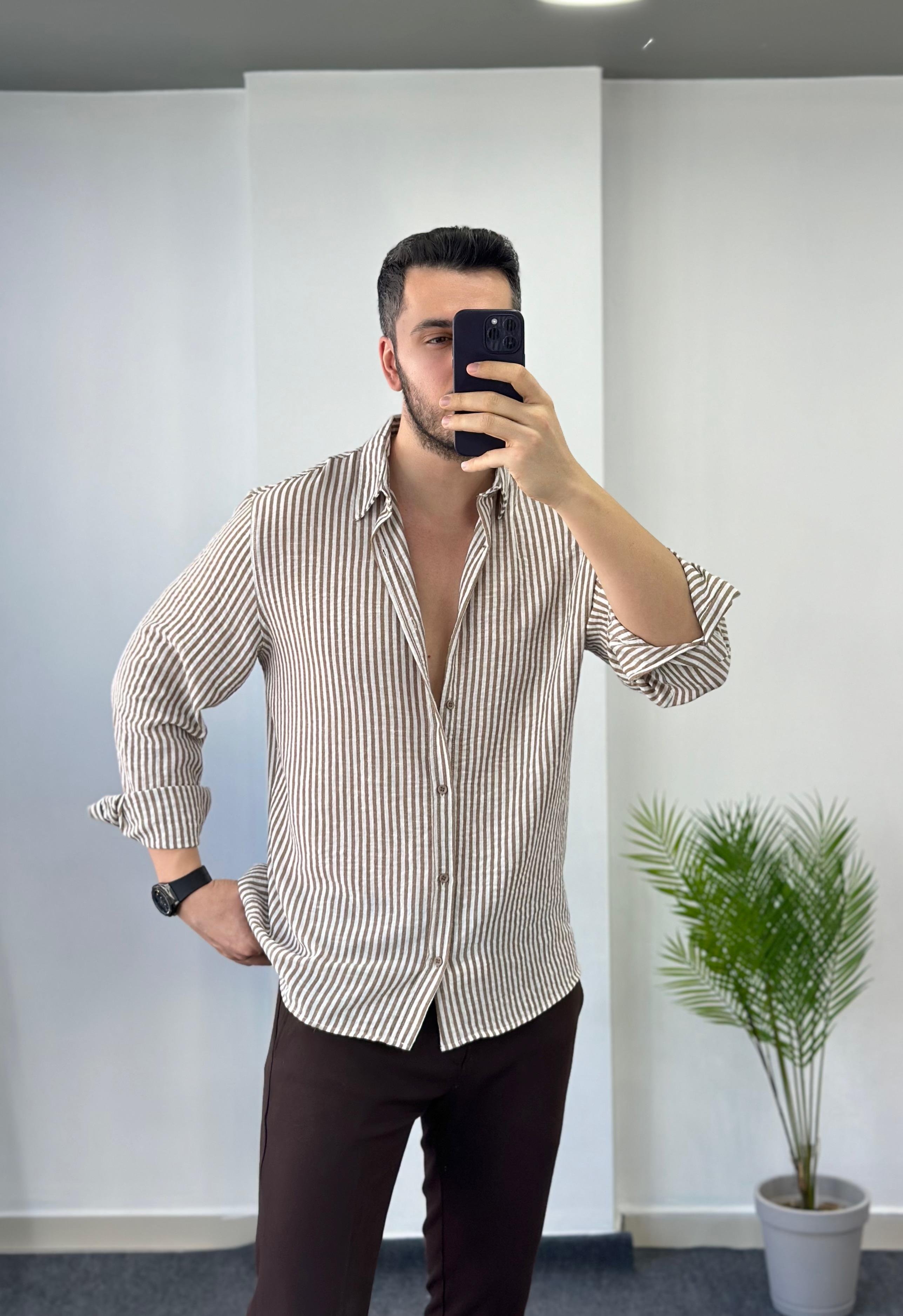 Premium Kahve Çizgili Oversize Keten Gömlek