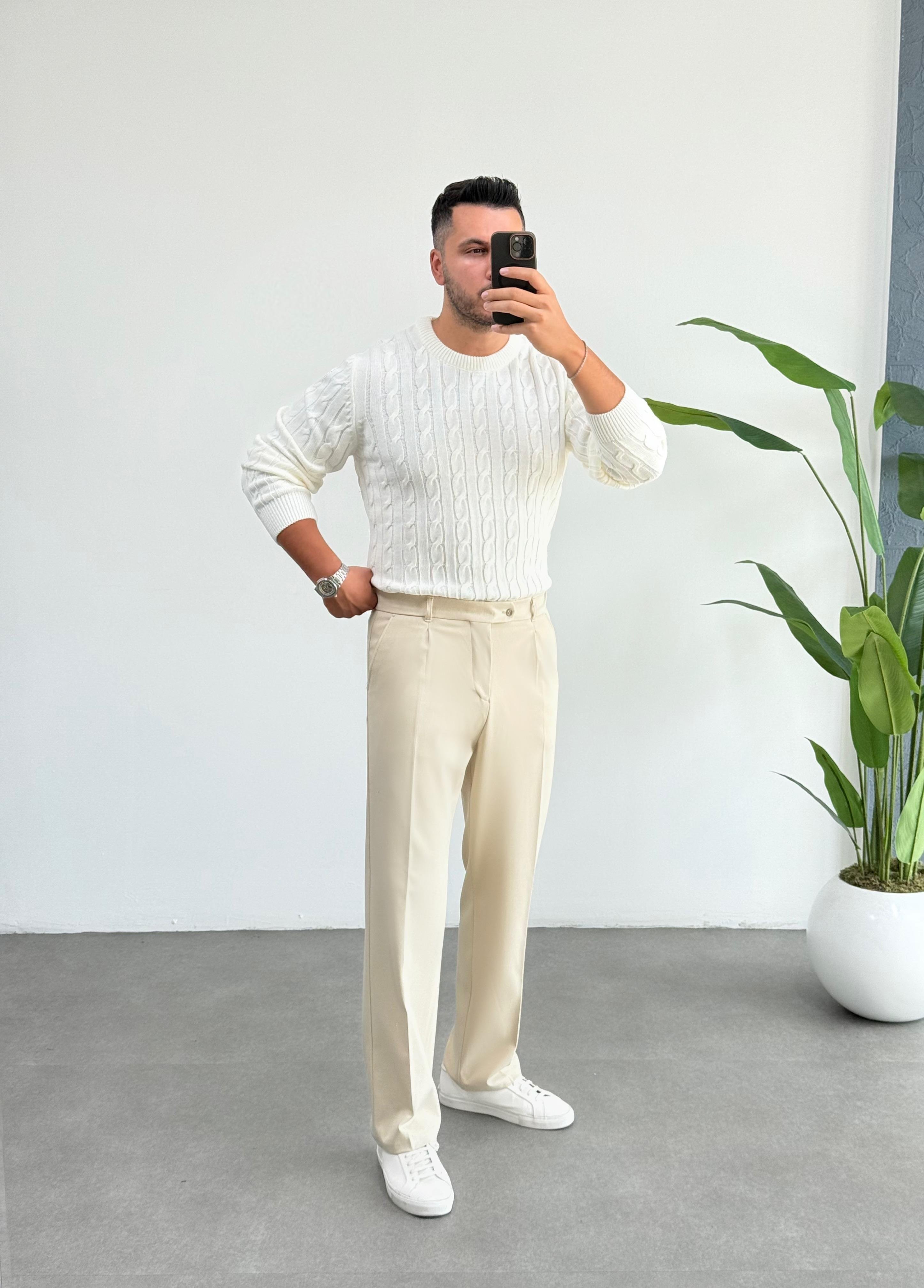 Premium Kalın Ekru Gabardin Pantolon 