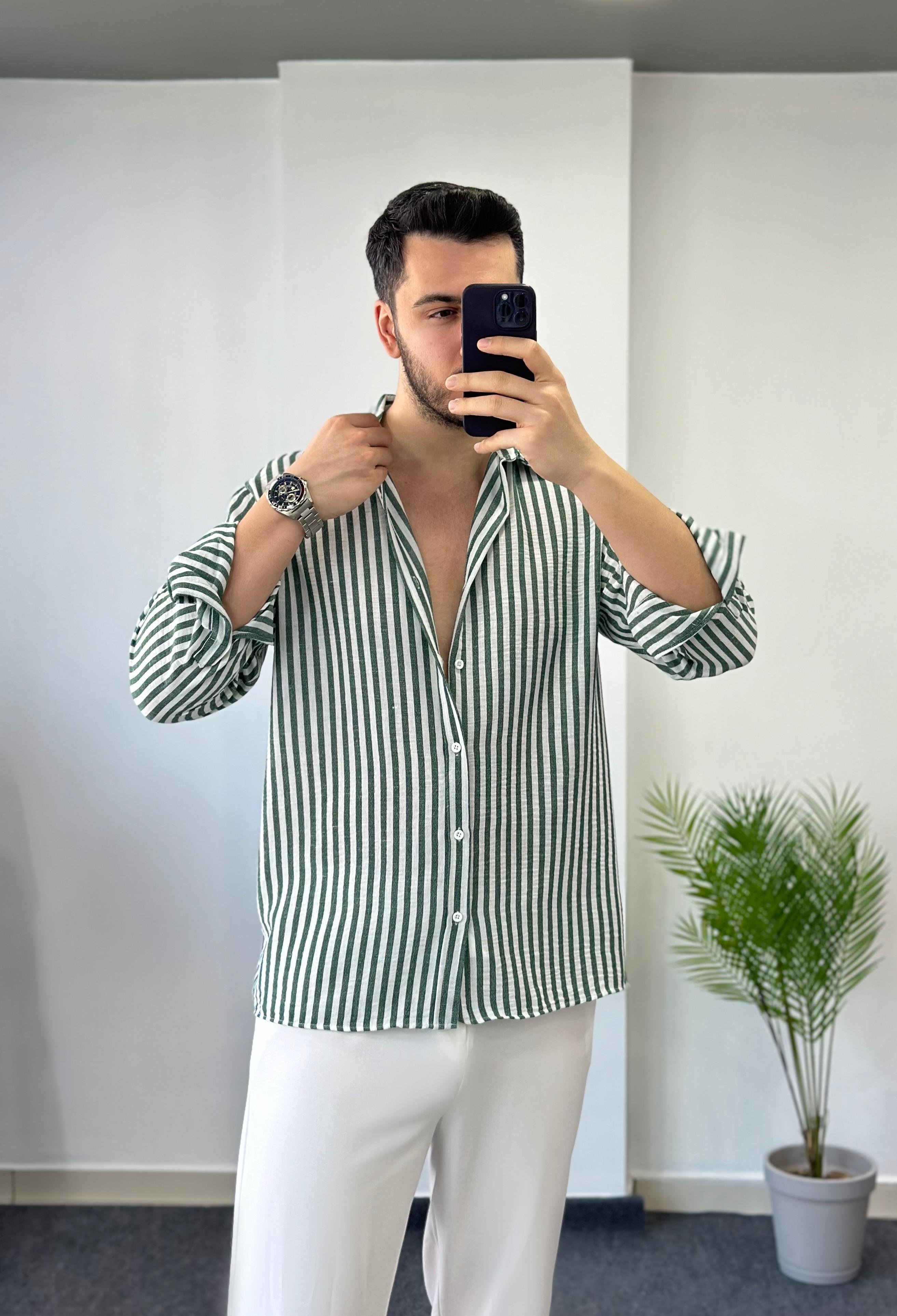Premıum Koyu Yeşil Çizgili Oversize Keten Gömlek 