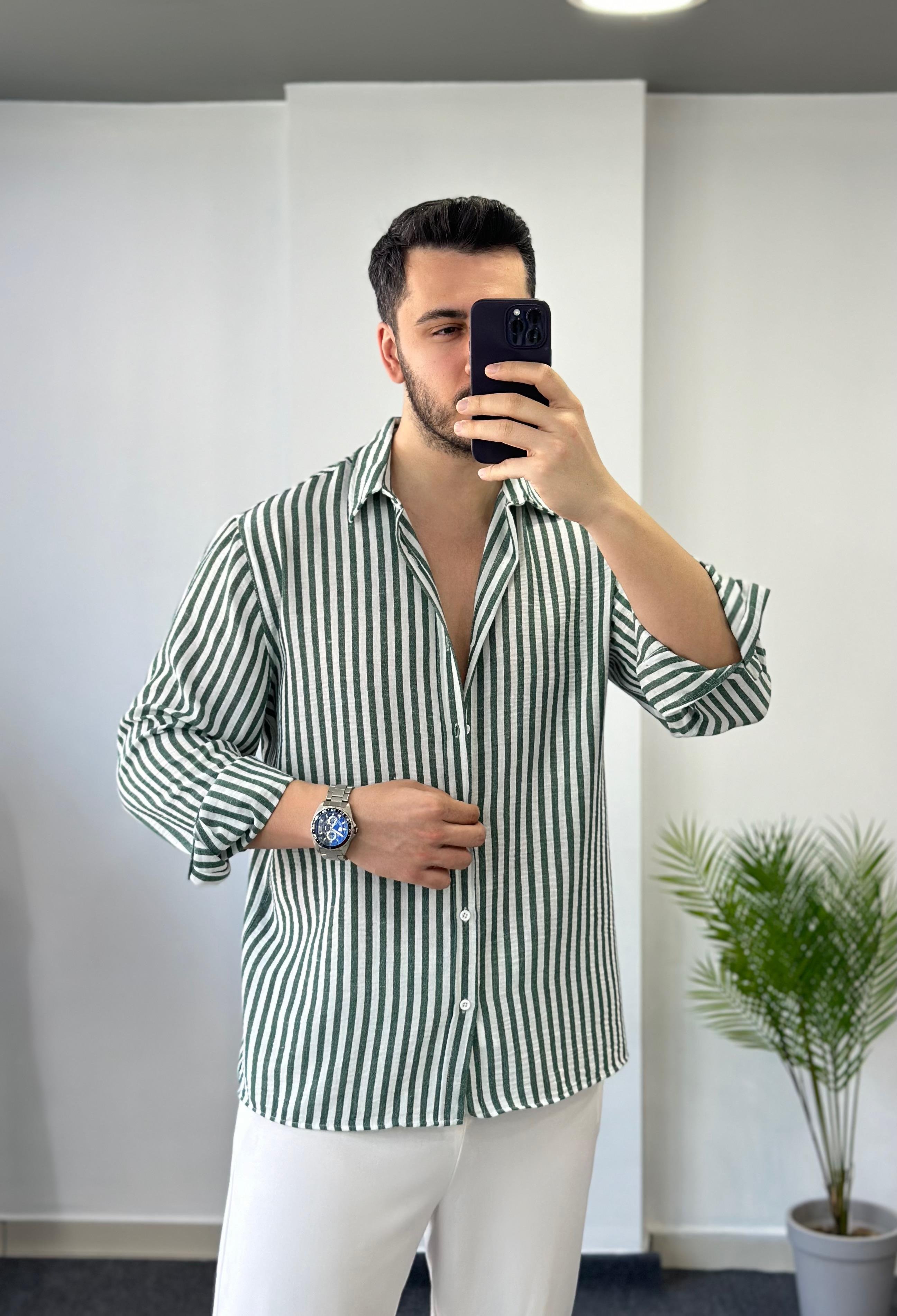 Premıum Koyu Yeşil Çizgili Oversize Keten Gömlek 