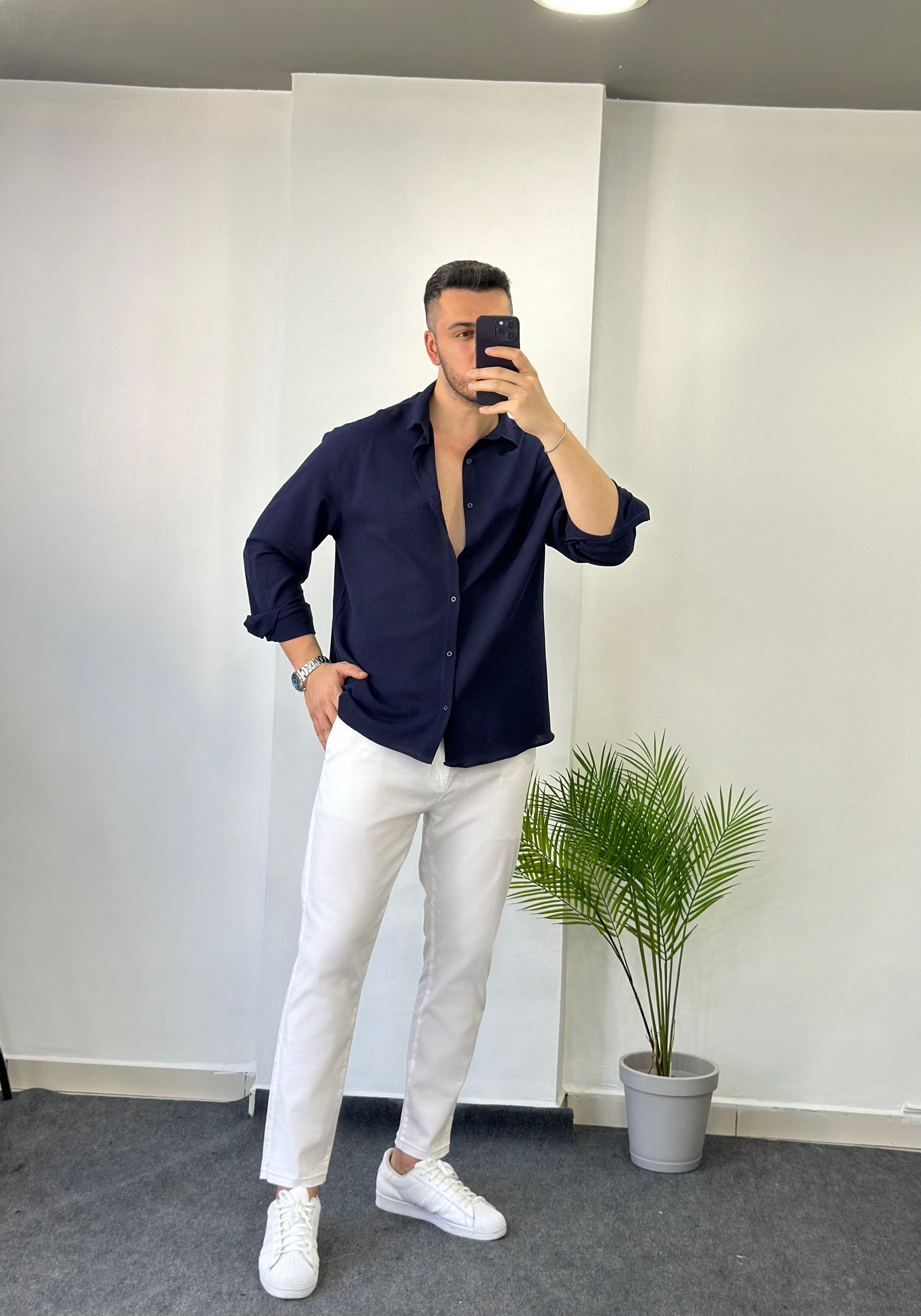 Premium Lacivert Oversize Keten Gömlek 