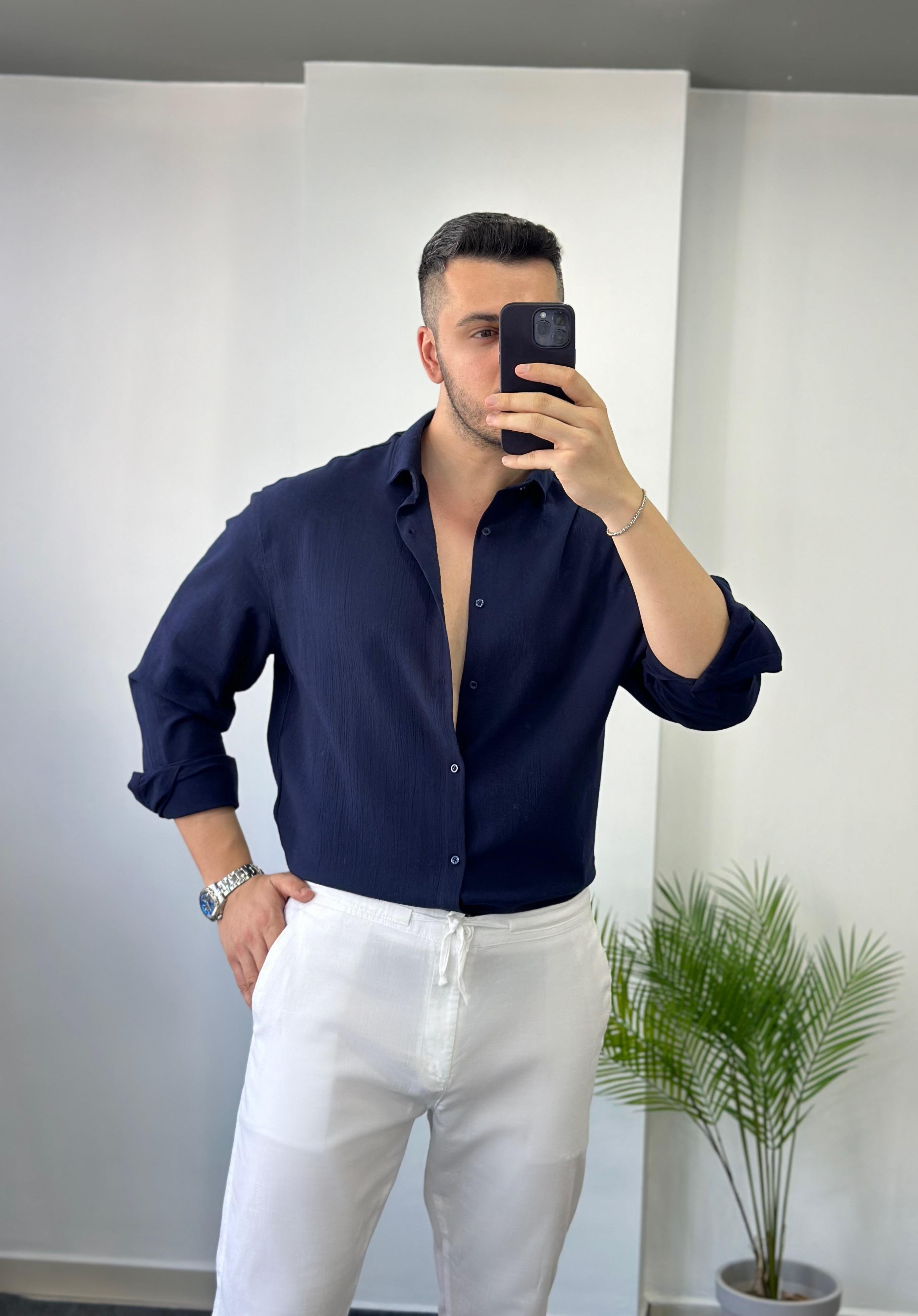 Premium Lacivert Oversize Keten Gömlek 