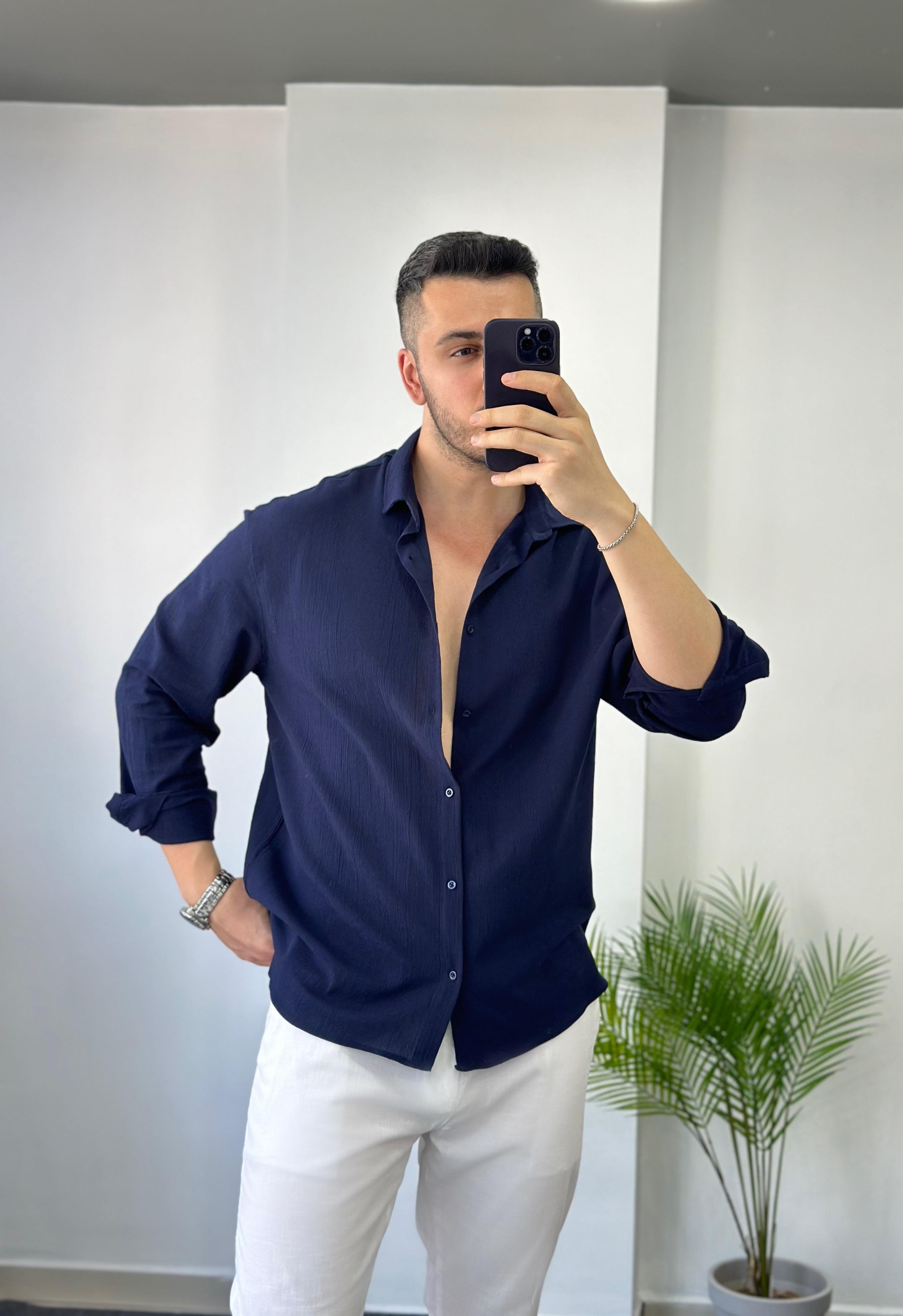 Premium Lacivert Oversize Keten Gömlek 