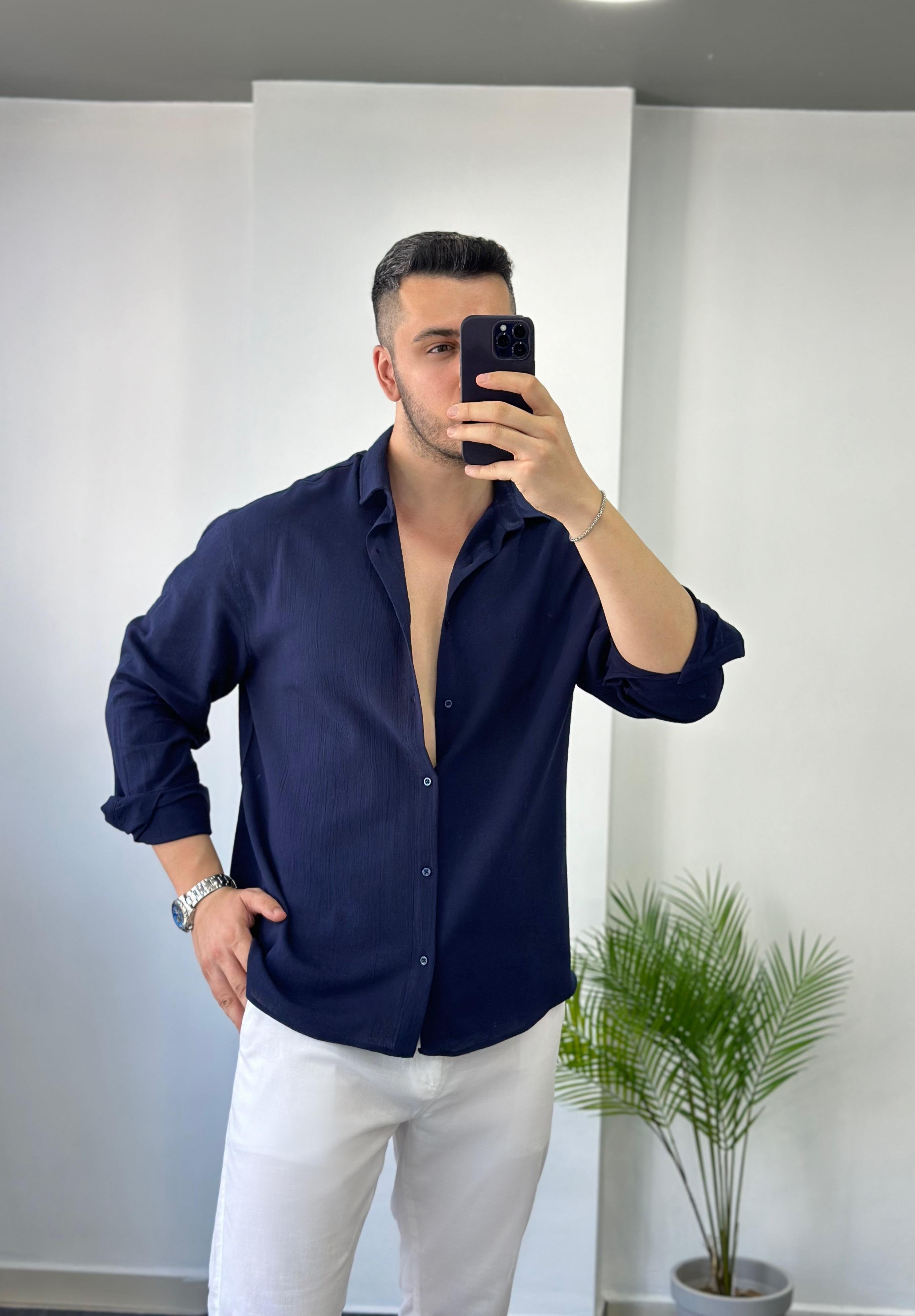 Premium Lacivert Oversize Keten Gömlek 