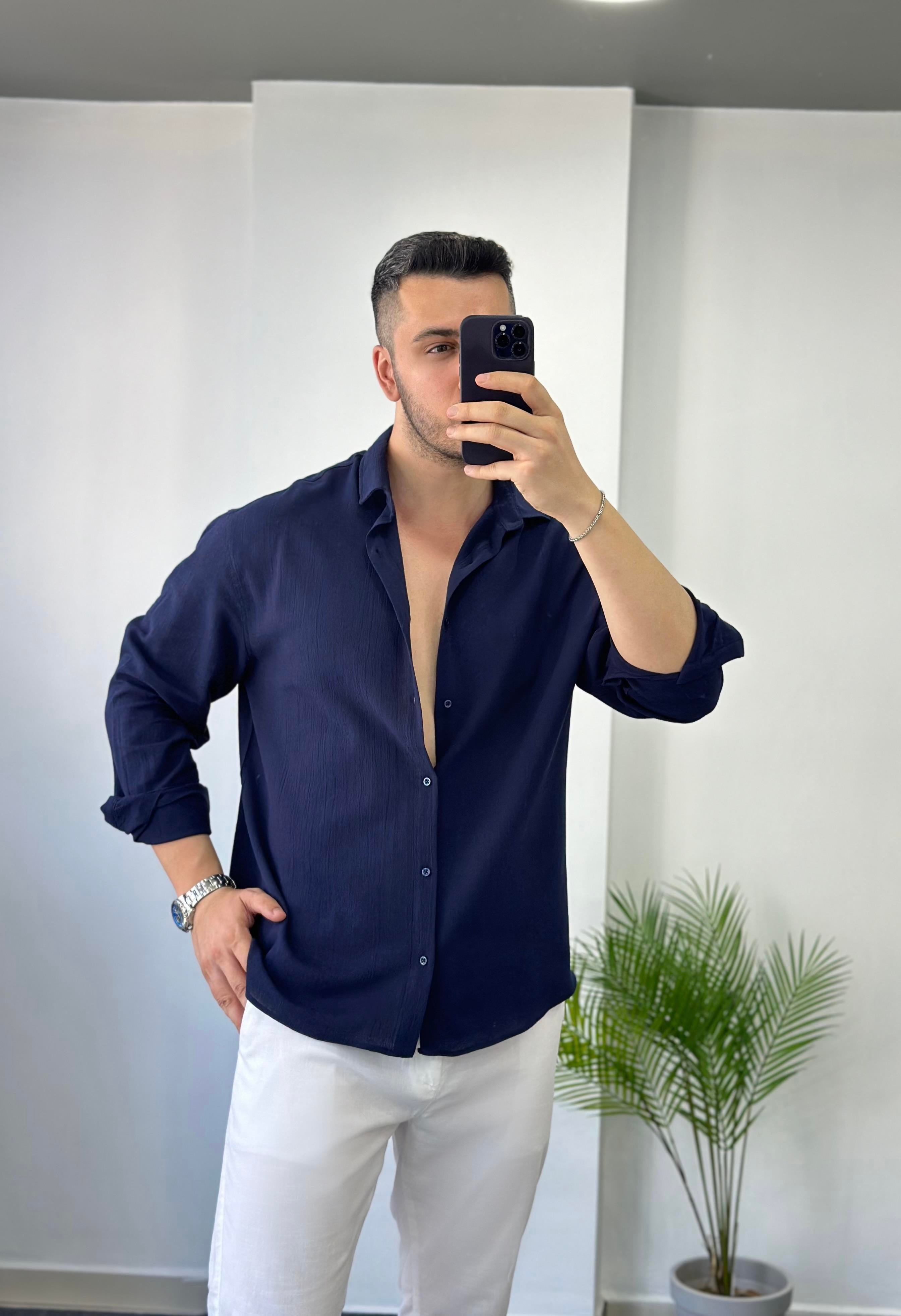 Premium Lacivert Oversize Keten Gömlek 