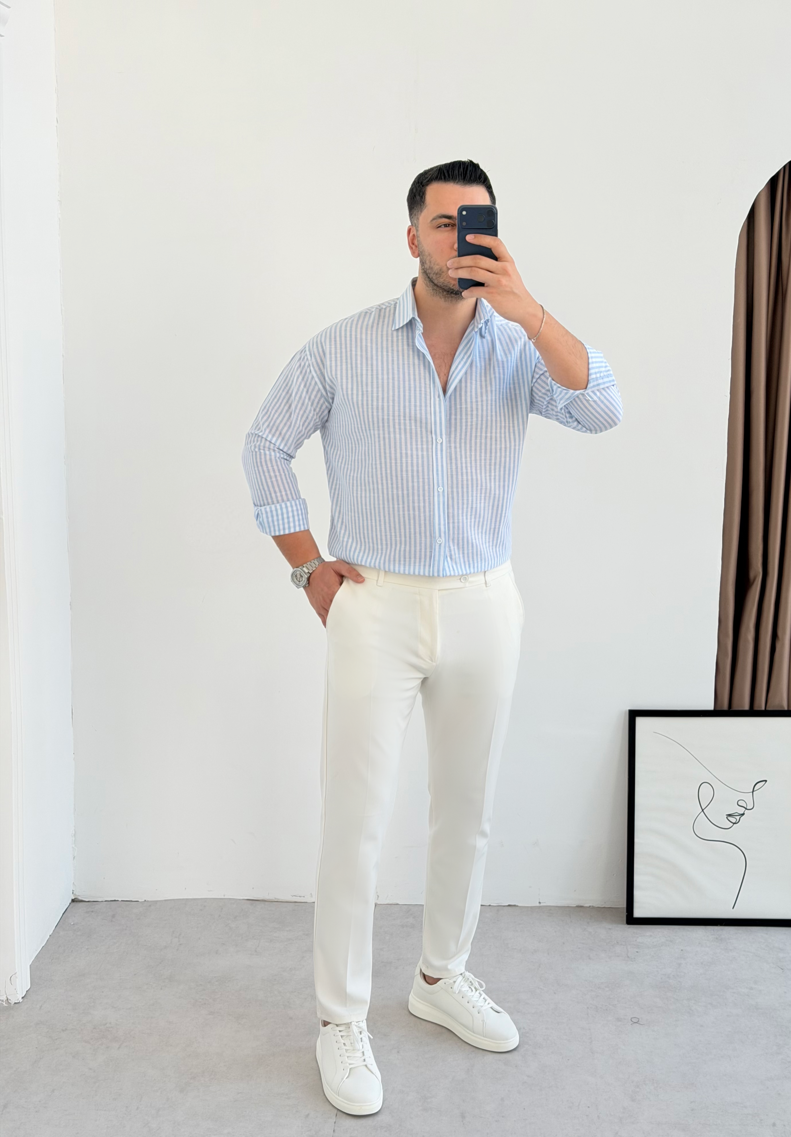 Premium Mavi Çizgili Keten Gömlek