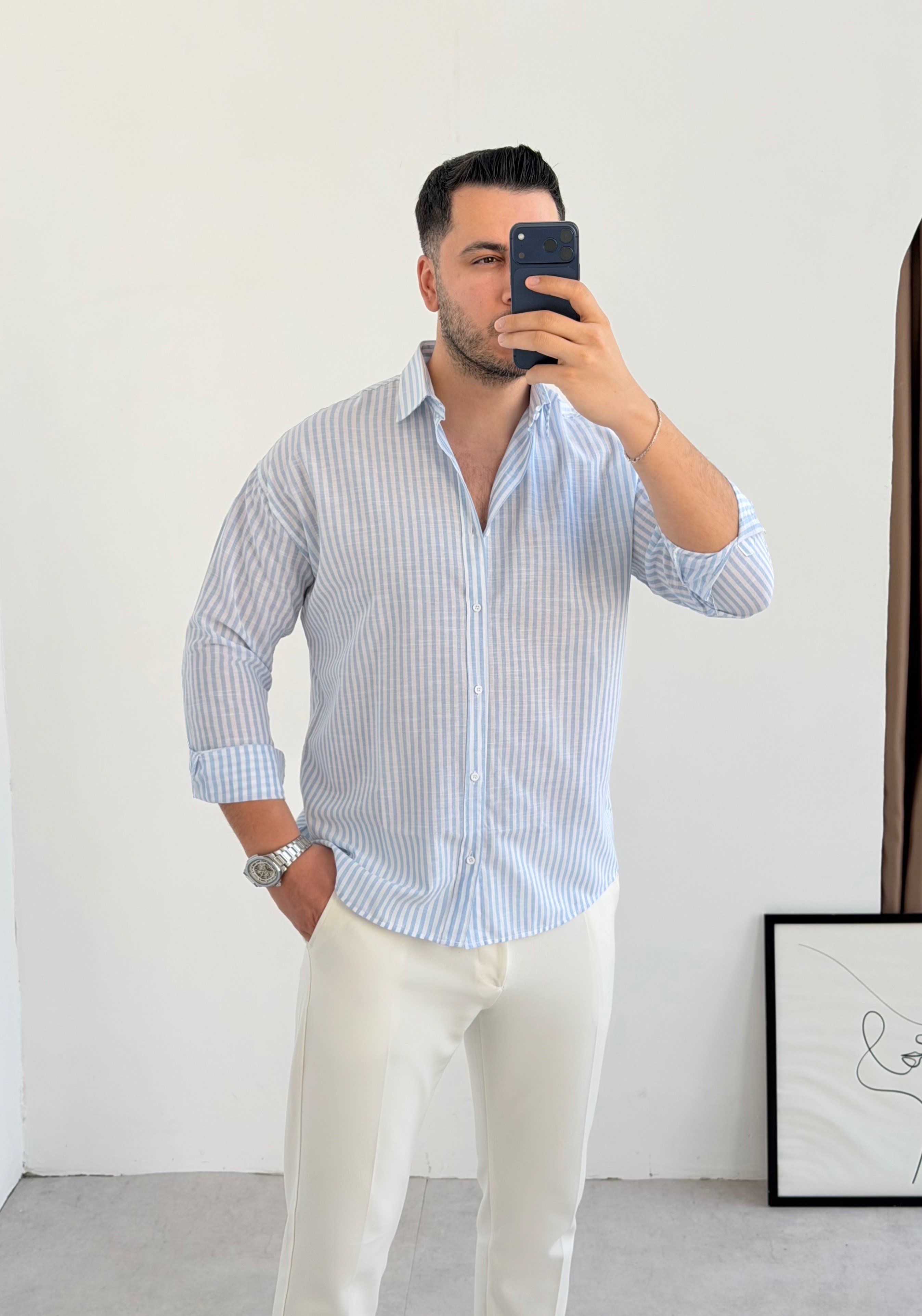 Premium Mavi Çizgili Keten Gömlek