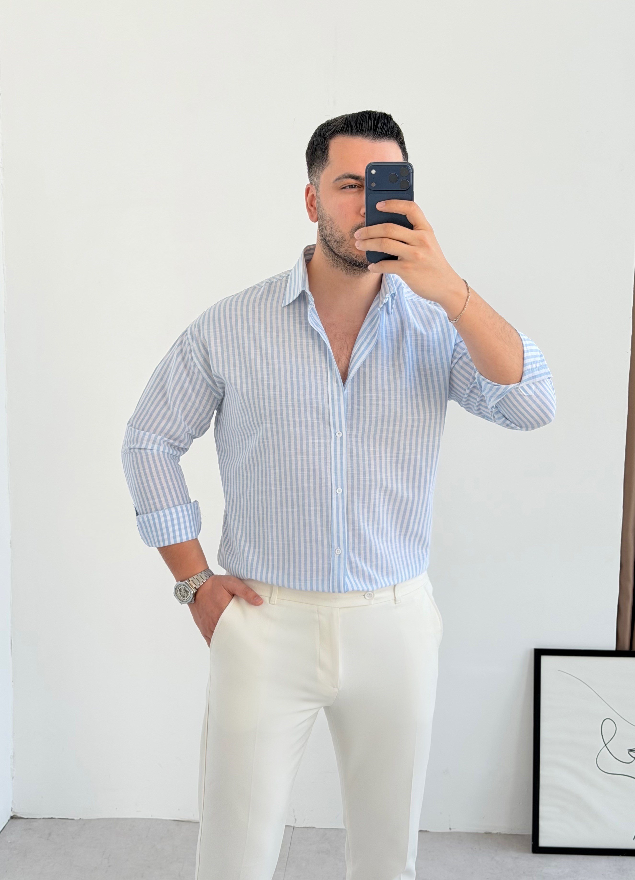 Premium Mavi Çizgili Keten Gömlek