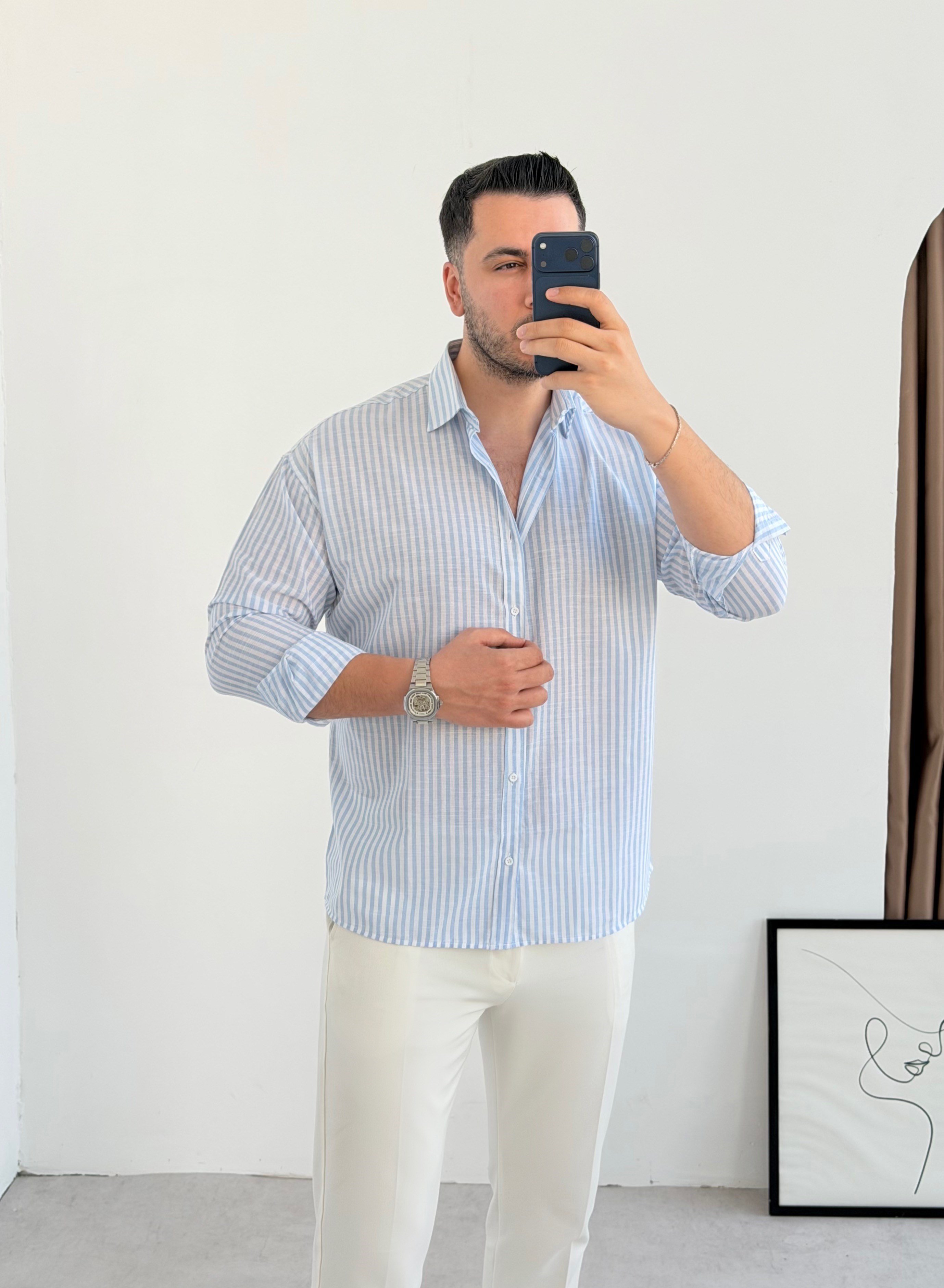 Premium Mavi Çizgili Keten Gömlek