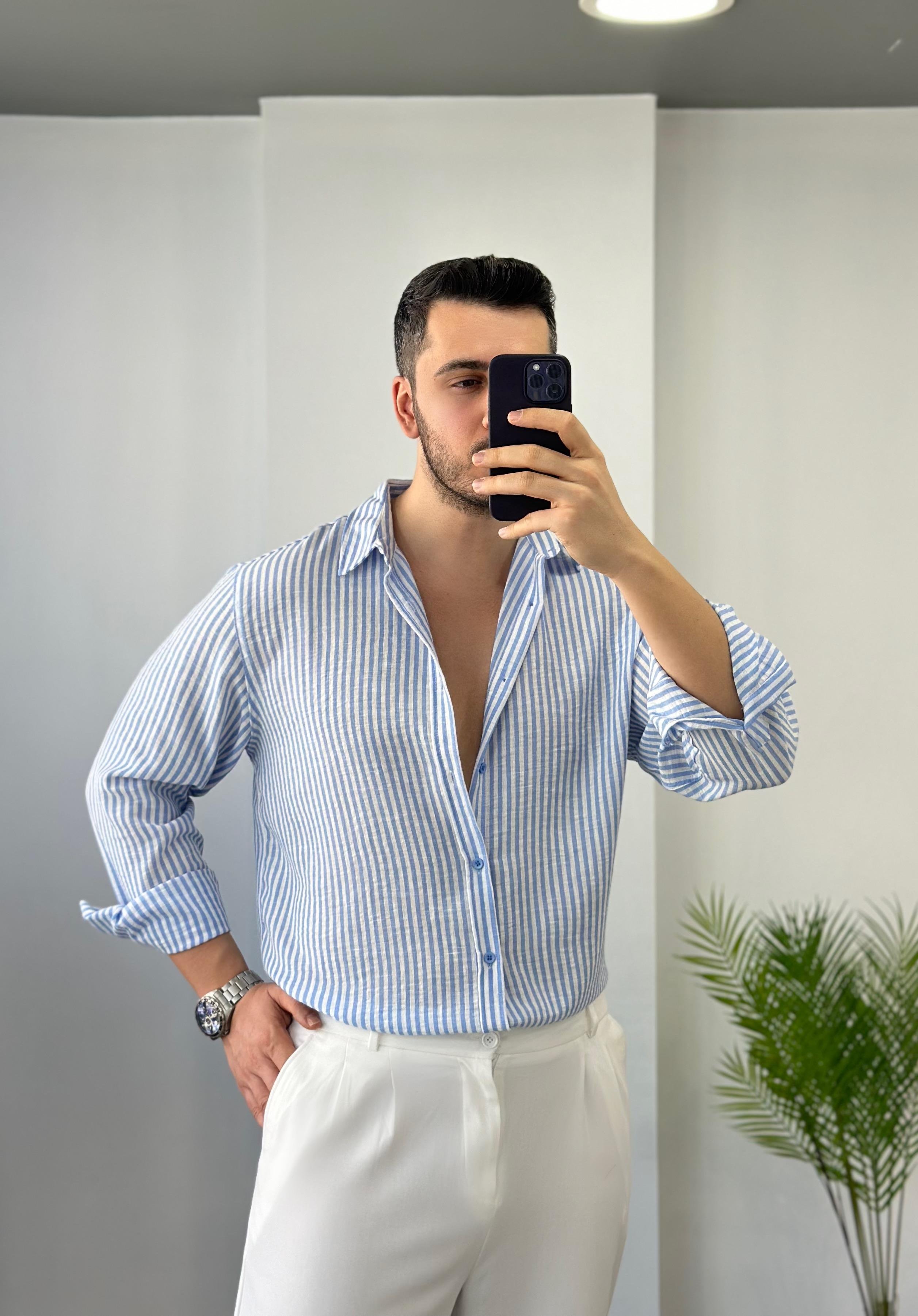 Premium Mavi Çizgili Oversize Keten Gömlek