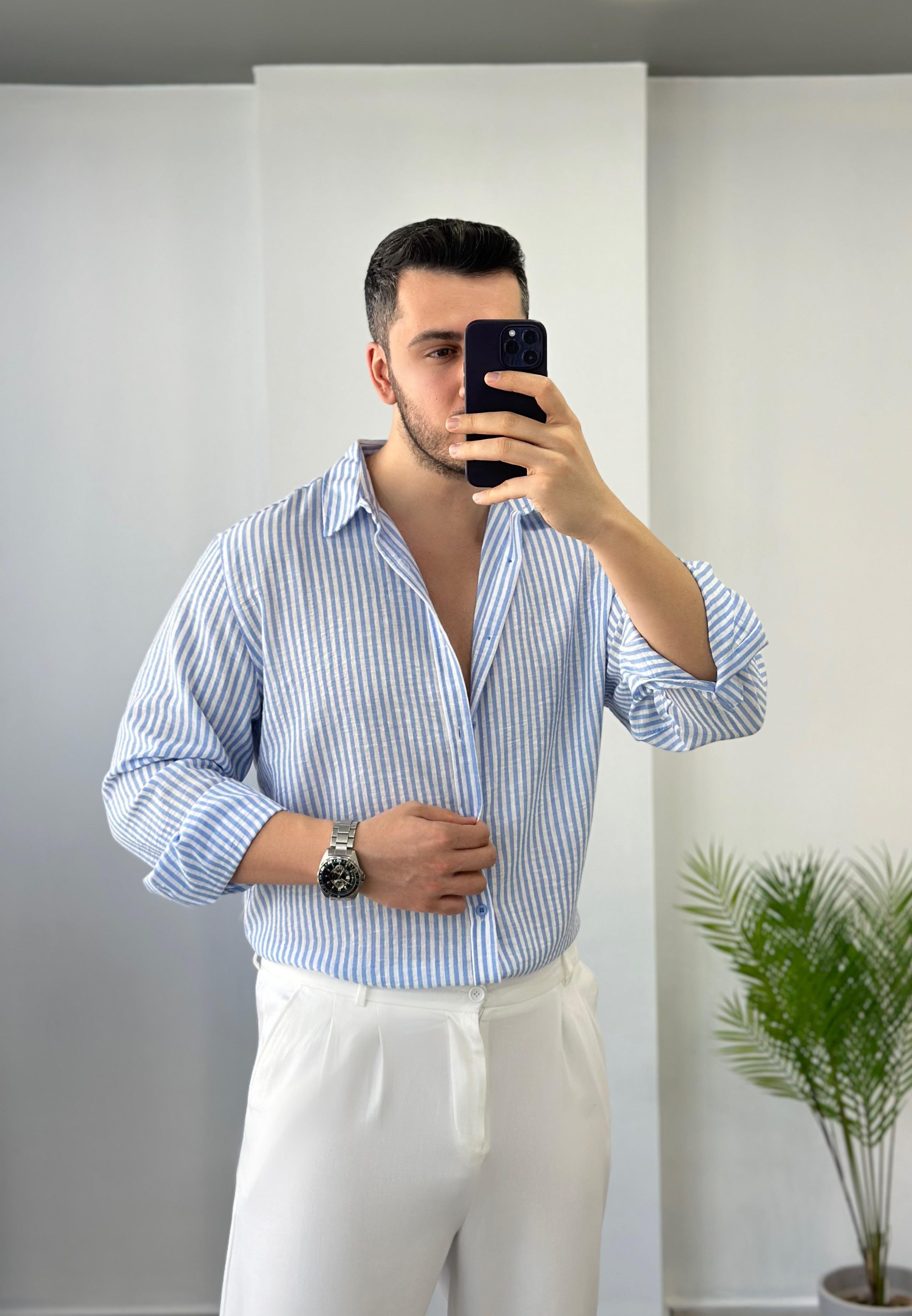 Premium Mavi Çizgili Oversize Keten Gömlek